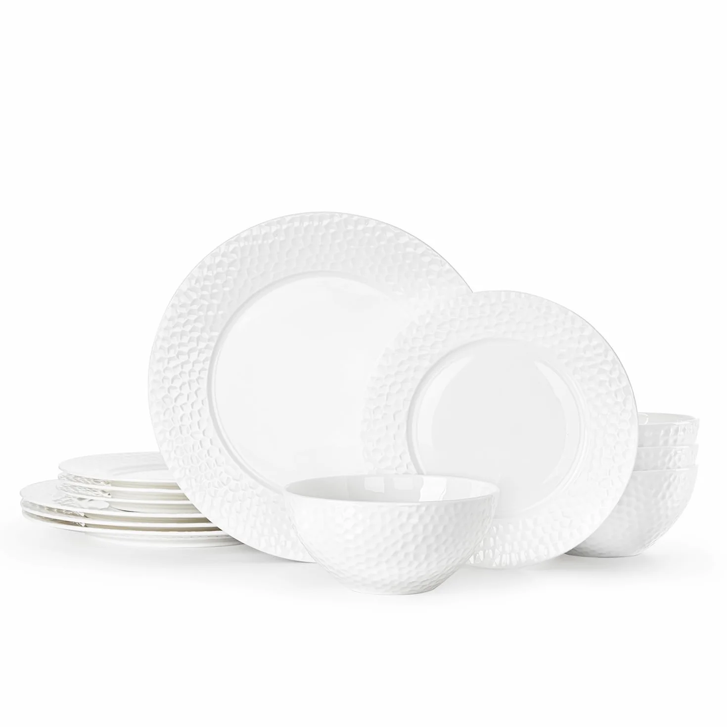 12Pcs Hammered Rim White Bone China Set, Service for 4 | Lightweight porcelain plate & bowl set. Microwave & dishwasher safe. Ideal for weddings, family meals, or restaurant use.