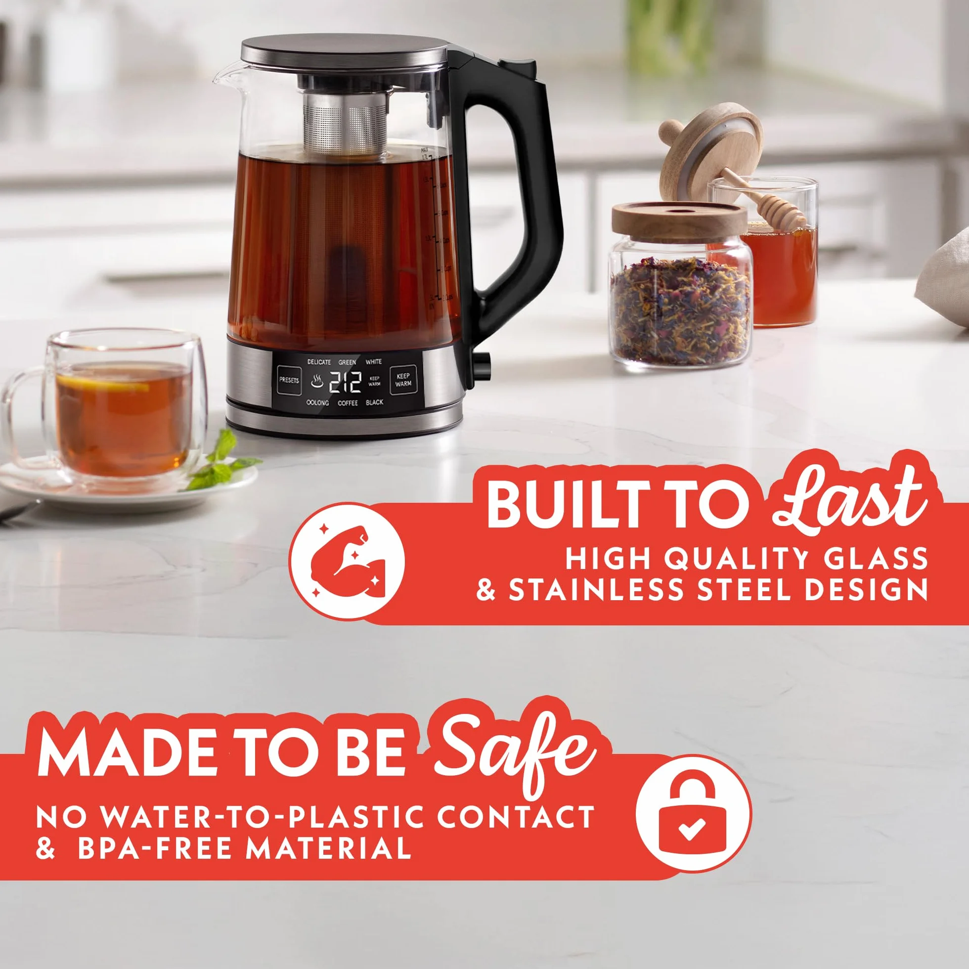 Programmable Digital Glass Kettle – 1.7L Adjustable Temperature Electric Kettle with 6 Presets, Keep Warm, Stainless Steel Tea Infuser, 360° Swivel Base, Black