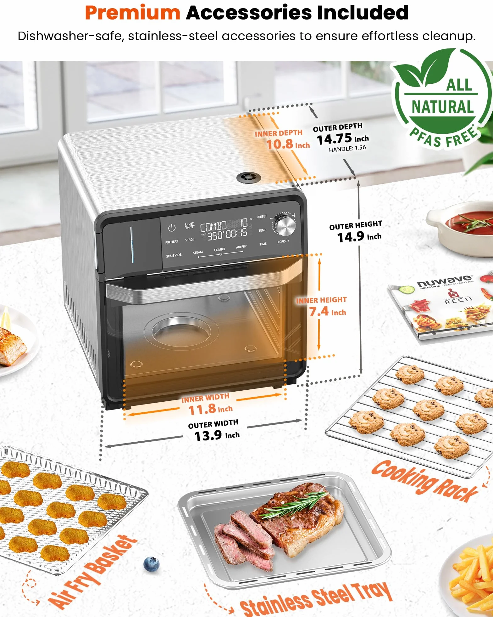Combi Steam Oven, Non-Toxic Stainless Steel Multi-Cooker, 16 quarts | Air Fry, Sous Vide, Toast & More, 50-450°F Precision, 120 Presets, Moisture Control, Programmable, Easy to Clean