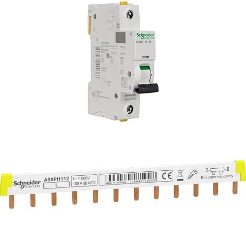 Bundle aus Schneider Electric Leitungsschutzsschalter ACTI9 IC60N 1 Polig 16 Ampere C, A9F04116, + Schneider Electric A9XPH112 Phasenschiene Steg, ablängbar, 1P, 12 TE, 100A