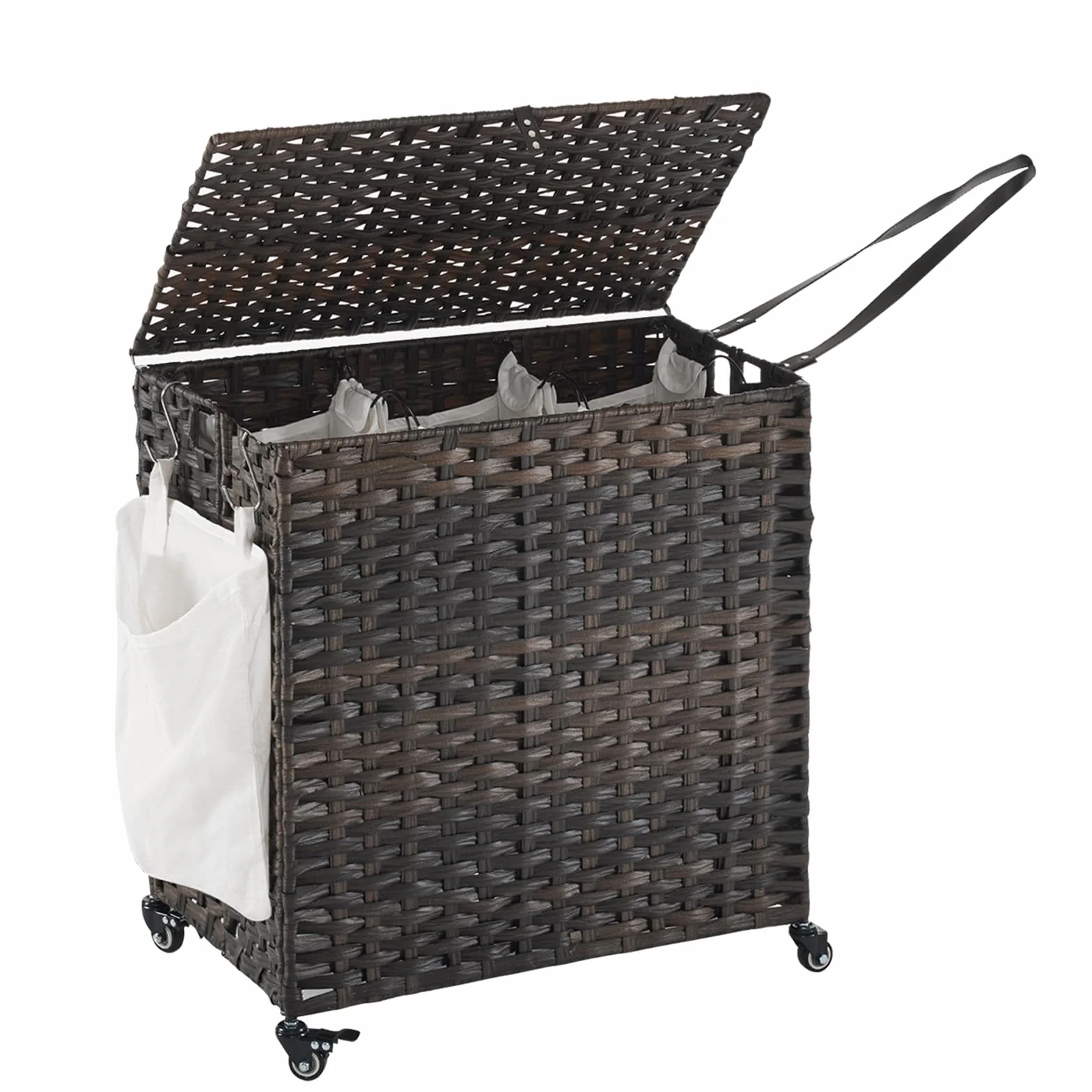 Laundry Hamper with Wheels, 39.6 Gallon(150L) Rolling Laundry Basket with Lid, 3-Section Rattan Clothes Hamper with 3 Removable Liner & 3 Mesh Bags, Laundry Sorter with Side Pocket, Brown
