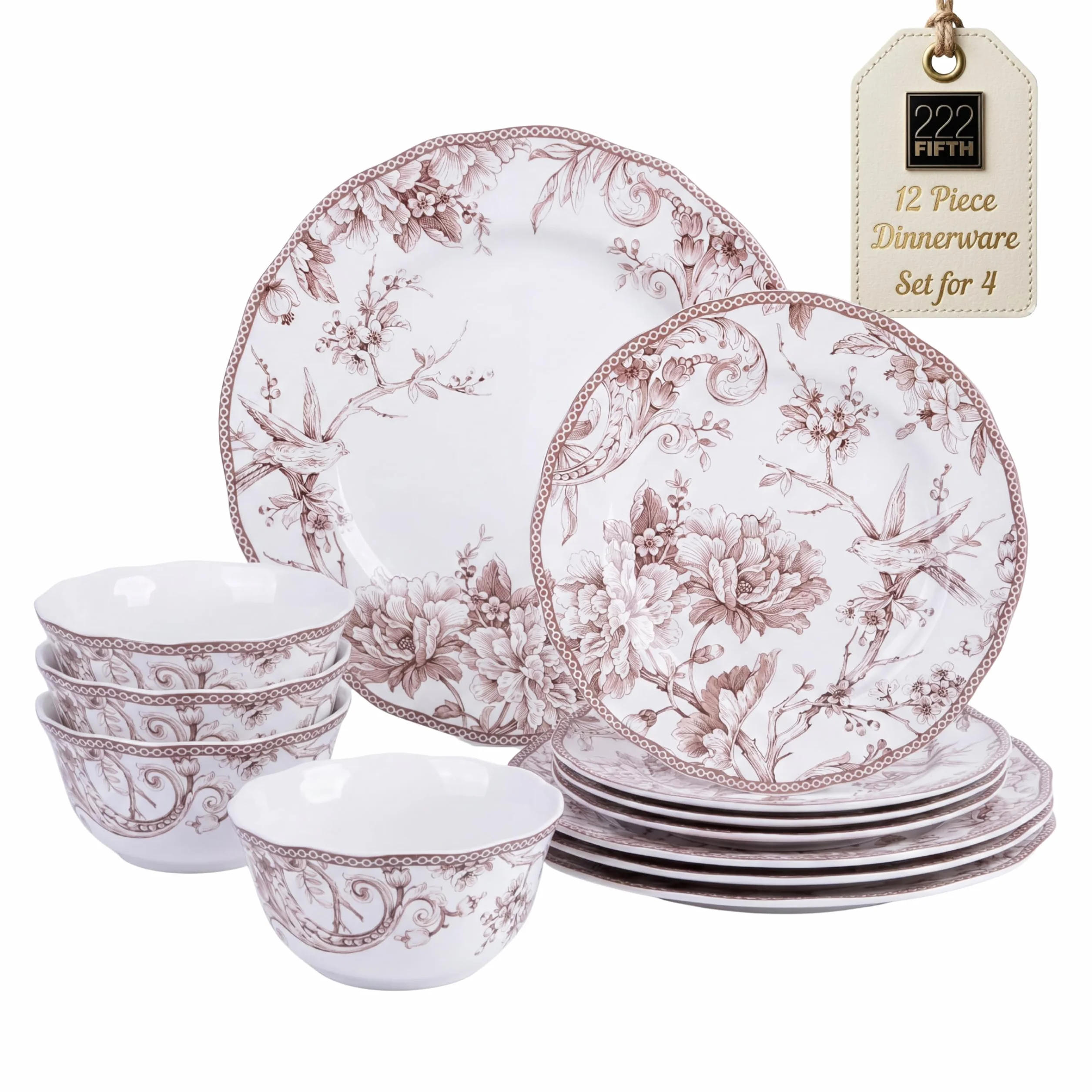 222 Fifth Adelaide Brown on White 12-Piece Dinnerware Set – Service for 4, Big Dinner Plates and Bowls Sets,Durable Porcelain, Microwave and Dishwasher Safe, for Everyday Dining & Entertainment