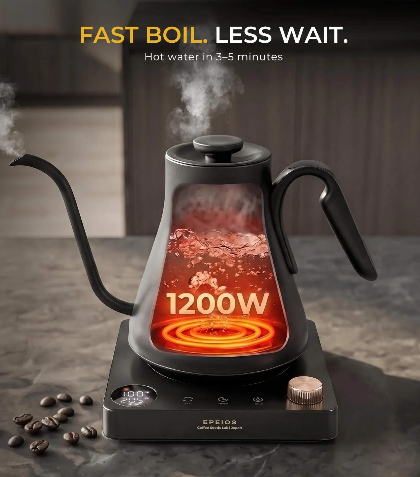 Gooseneck Electric Kettle 1°F Temperature Control,1200W,0.9L,Green | Rapid Heating, for Pour Over Coffee & Tea,Hot water Boiler,Brew Timer, 304 Stainless Steel Interior, Auto Shut-Off