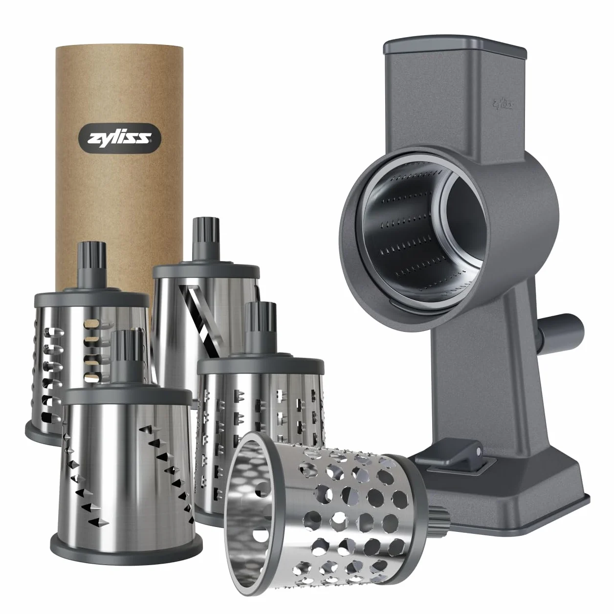 Zyliss Rotary Grater - Includes Universal, Gourmet, Puree & Julienne Drums for Grating Cheese, Vegetables, Chocolates & Nuts - Includes Non-Slip Suction Foot & Table Clamp - 6 Steel Drums