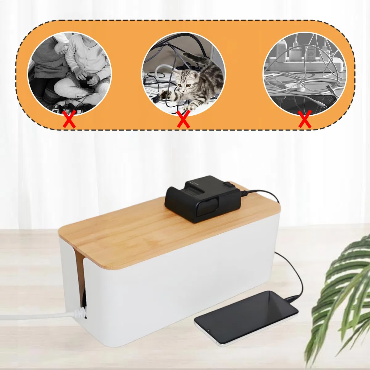Kabelbox, Cord Organizer Box mit Hölzernem Deckel, 30x13x10cm Kabel Organizer Box Mit Kabelbinder und Kabelhaltern, Cable Management Box, Steckdosenbox, für Verlängerungskabel, Versteckte Kabel, Weiß