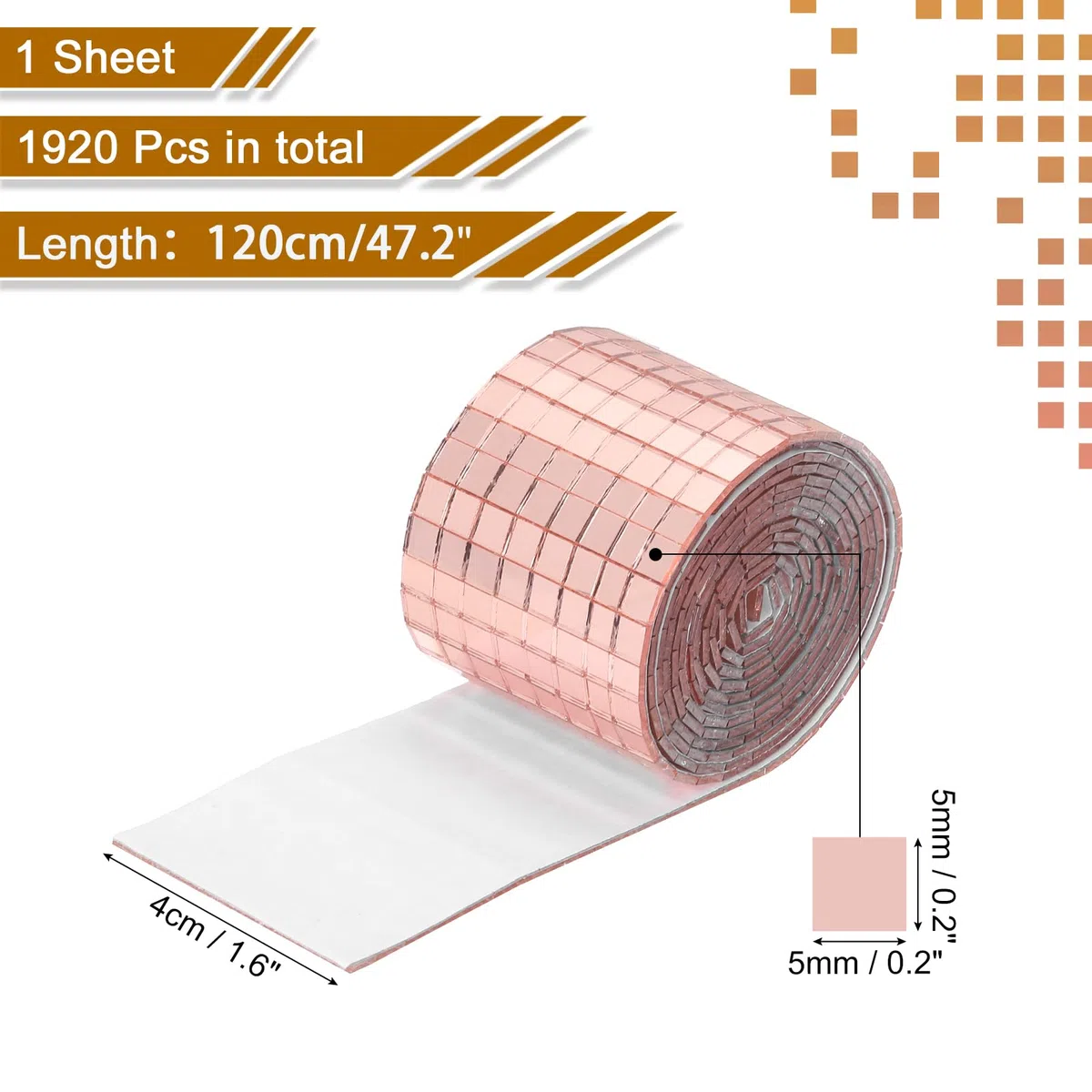 QUARKZMAN 1 Rollen 1920 Stück Mosaikfliesen Selbstklebend Glas Spiegel Fliesen Roségold Hochviskose Glatter Oberfläche Mini Spiegel 5x5mm für Disco Ball, DIY Handwerk, KTV Dekoration