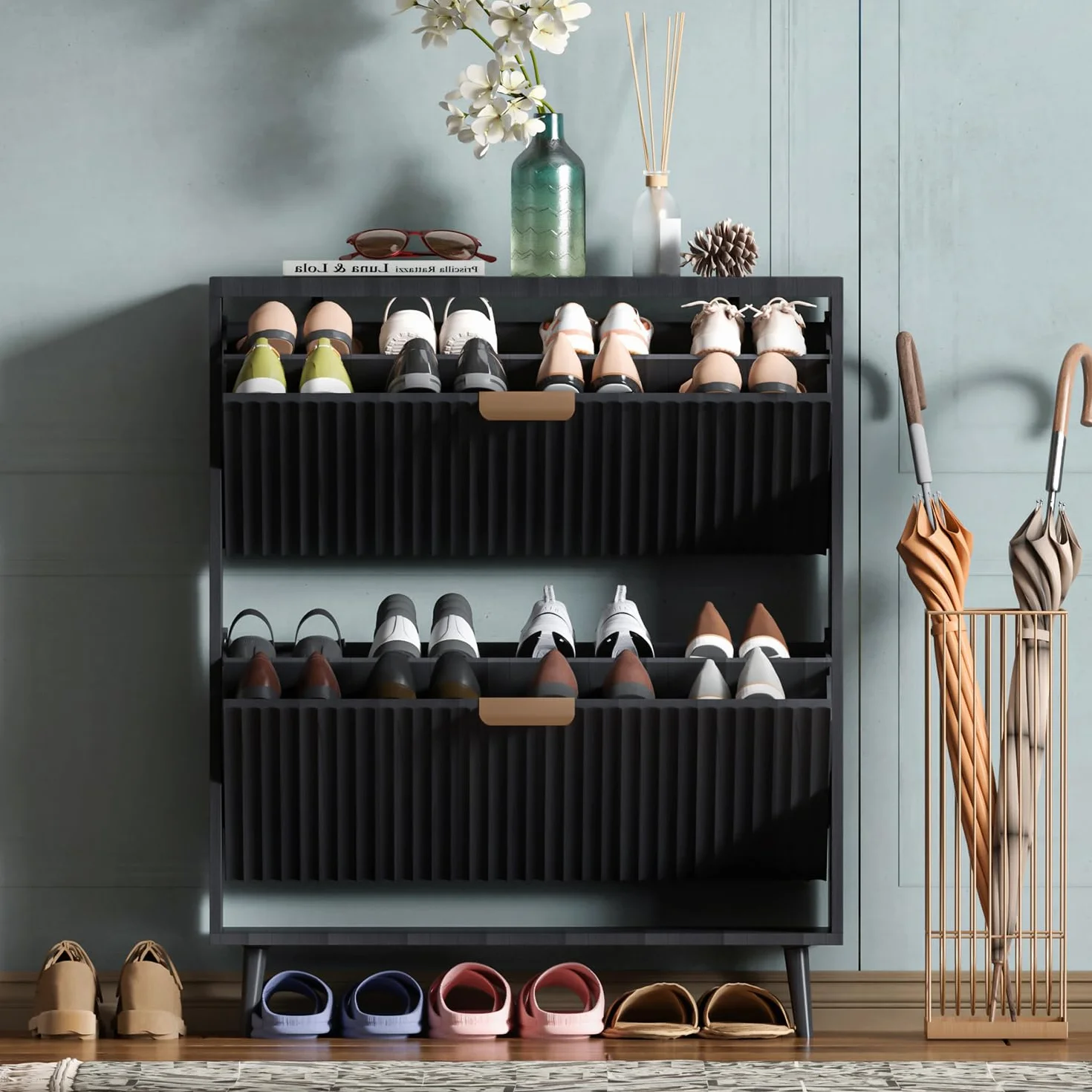 Shoe Cabinet Storage,Modern Freestanding Organizer with 2 Flip Drawers,Narrow Shoe Rack Cabinet for Entryway,Black