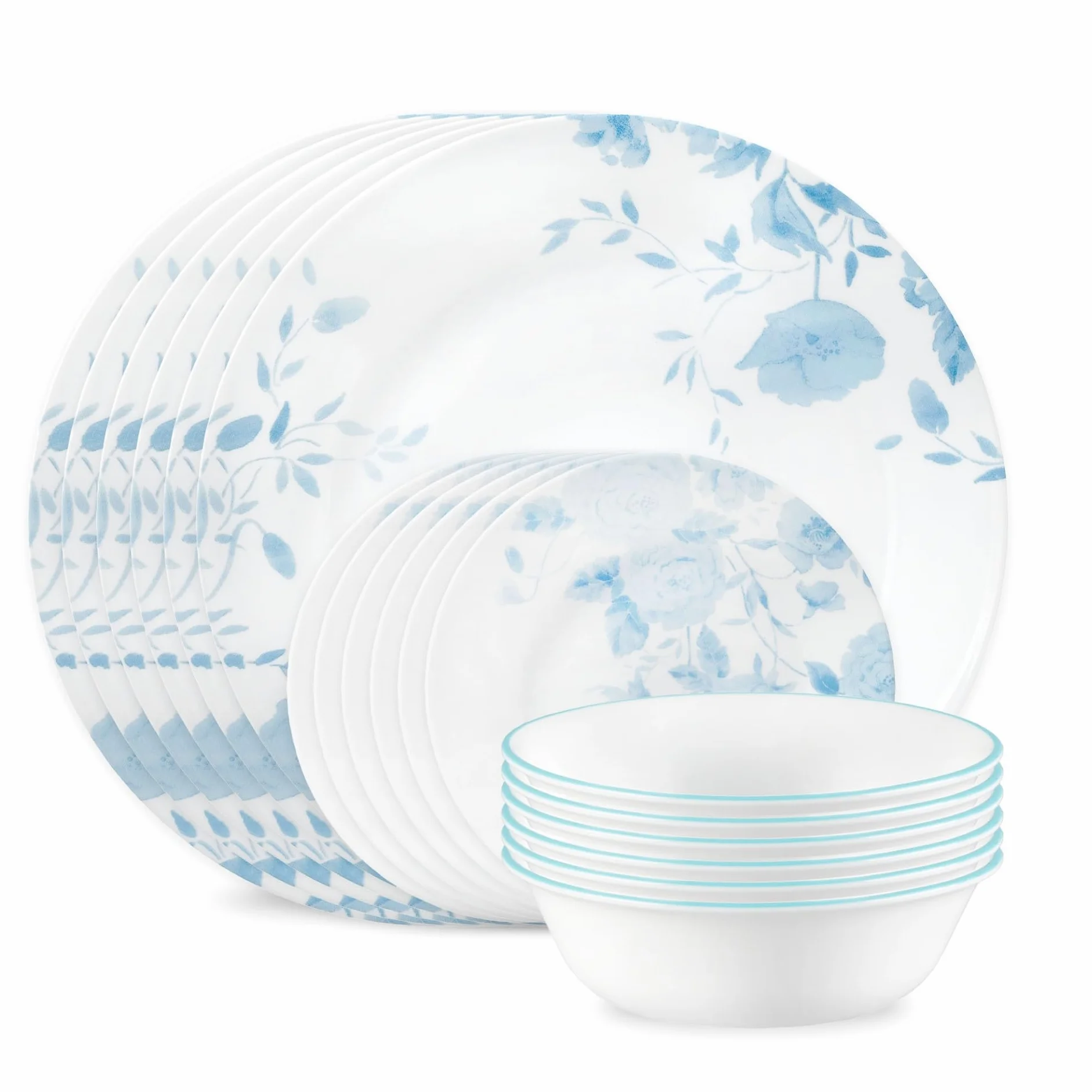 Corelle Vitrelle 18-Piece Service for 6 Dinnerware Set, Triple Layer Glass and Chip Resistant, Lightweight Round Plates and Bowls Set, Blue Bouquet