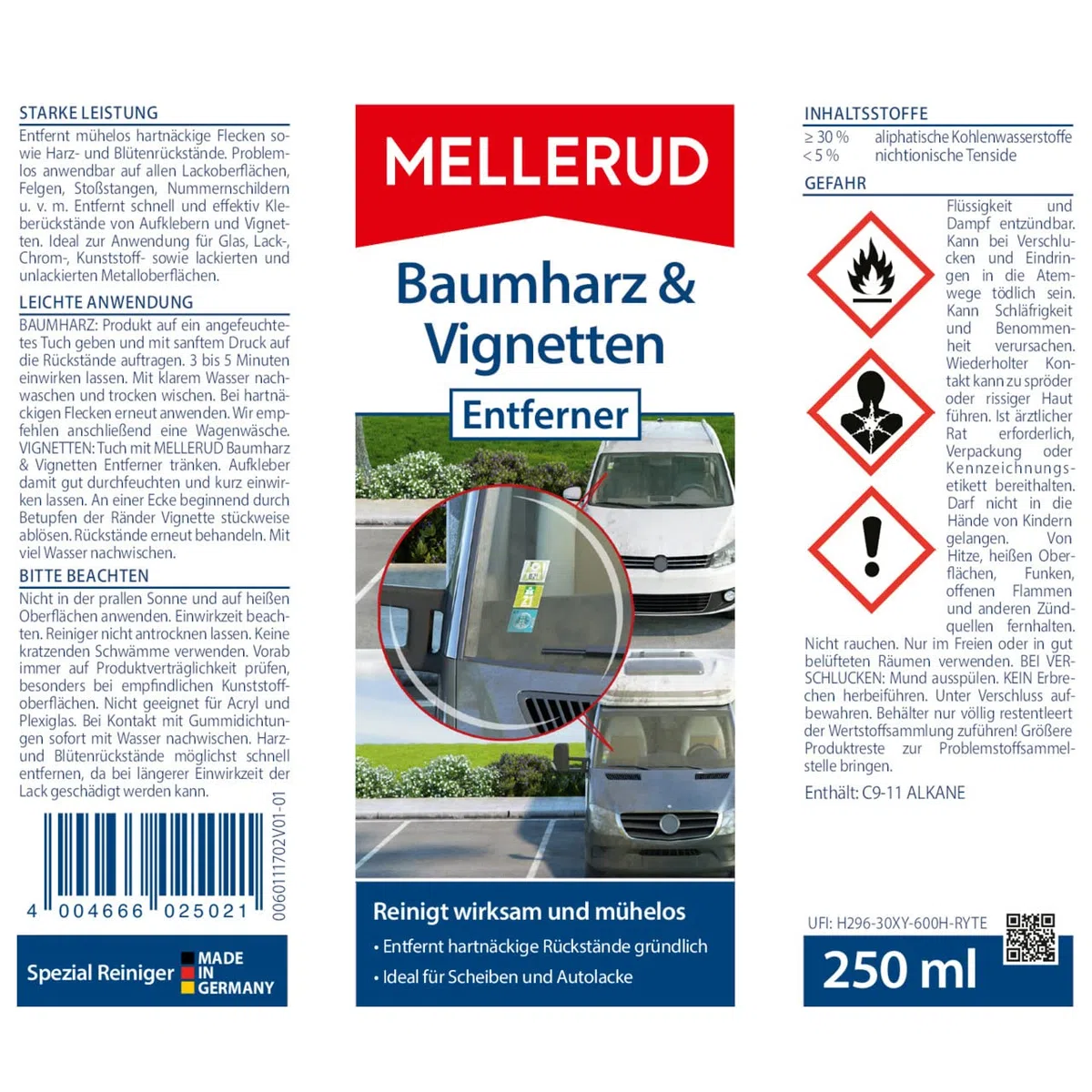 Mellerud Baumharz und Vignetten Entferner | 1 x 0,25 l | Wirkungsvolles Reinigungsmittel zum Entfernen von Aufklebern, Baumharz und Teerspritzern