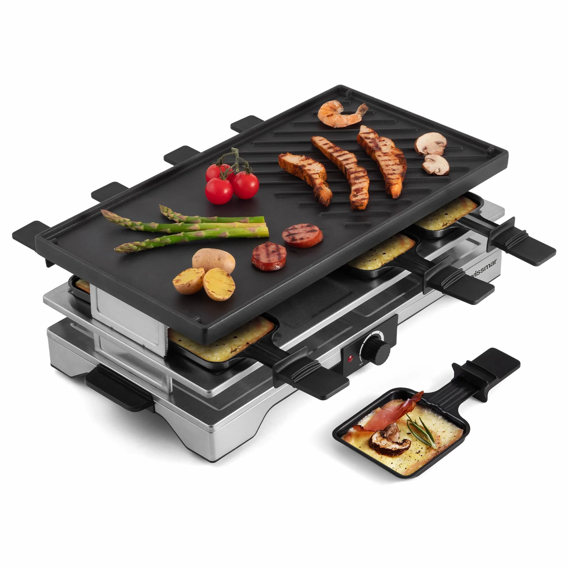 Swissmar Verso Indoor & Outdoor Raclette Grill with Cast Iron Reversible Griddle / Grill Top - 1700W Electric Raclette Set with PFAS-Free Nonstick Dishes, Variable Heat Control, 8-Person