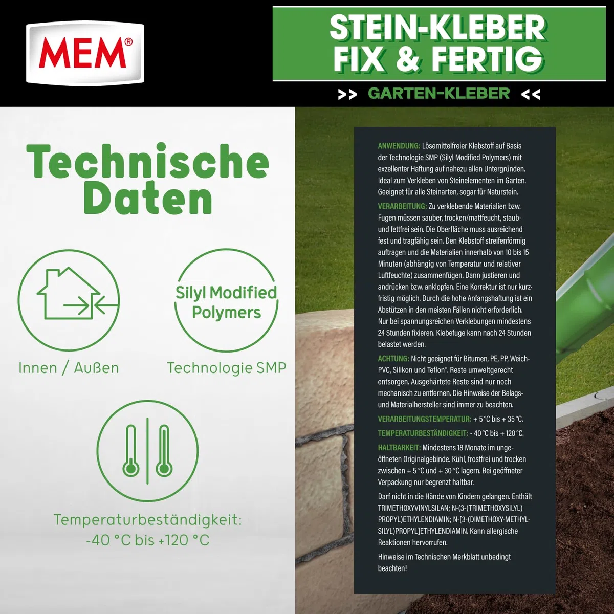MEM Stein-Kleber Fix & Fertig, Hohe Anfangshaftung, schnelle Aushärtung und sehr hohe Endfestigkeit, Für alle Steinarten, Lösemittelfrei, 445 g Kartusche, Schwarz