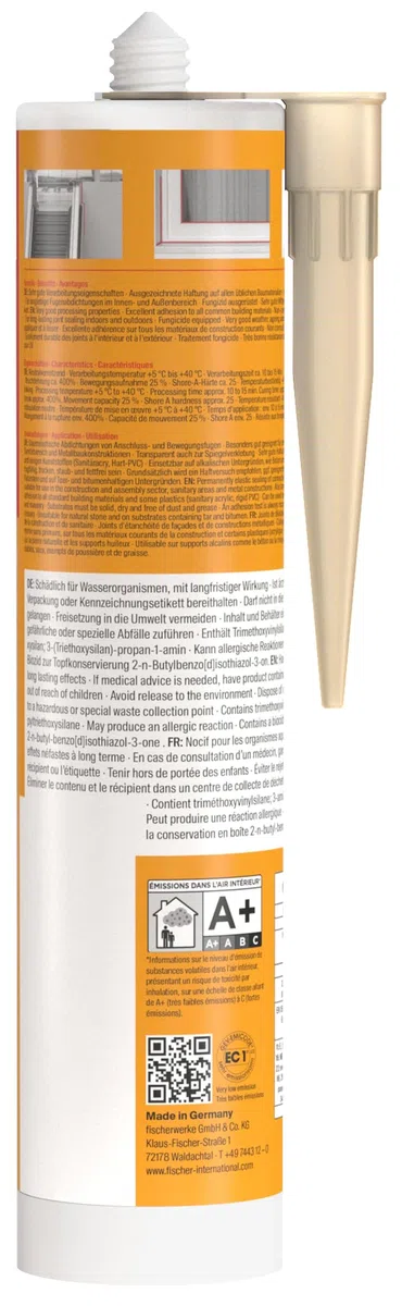 fischer Premium-Bausilikon, geruchsarmes Silikon, wetterfeste Dichtmasse für Innen & Außen, Kartusche für zahlreiche Anwendungen und Baustoffe, Langzeitschutz vor Schimmel, 310 ml, beige