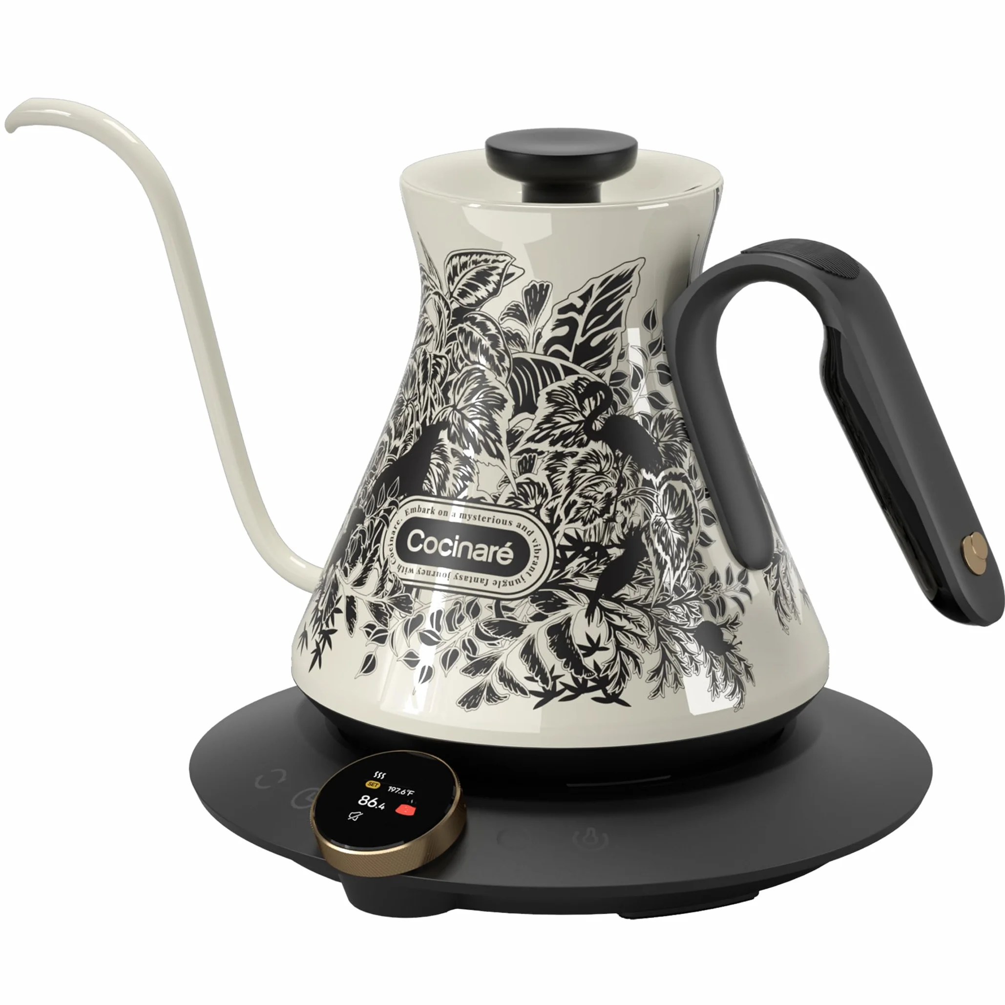 Gooseneck Electric Kettle, ±0.5°F Precise Temperature Control, 1500W Fast Heating, Pour-Over Coffee & Tea, Stainless Steel, 0.6L (Color-changing Jungle Design)