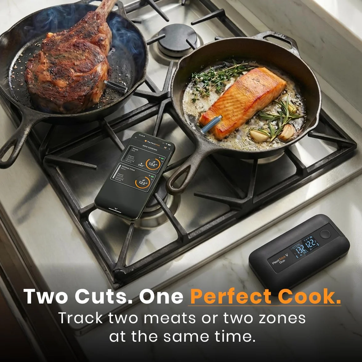 MeatStick V Duo WiFi Wireless Meat Thermometer, Dual Probe LCD Base | 11 sensors total, 1200°F rated, 50+ hr battery, dishwasher safe probes. For Grilling, Smoking, BBQ, Oven, Air Fryer