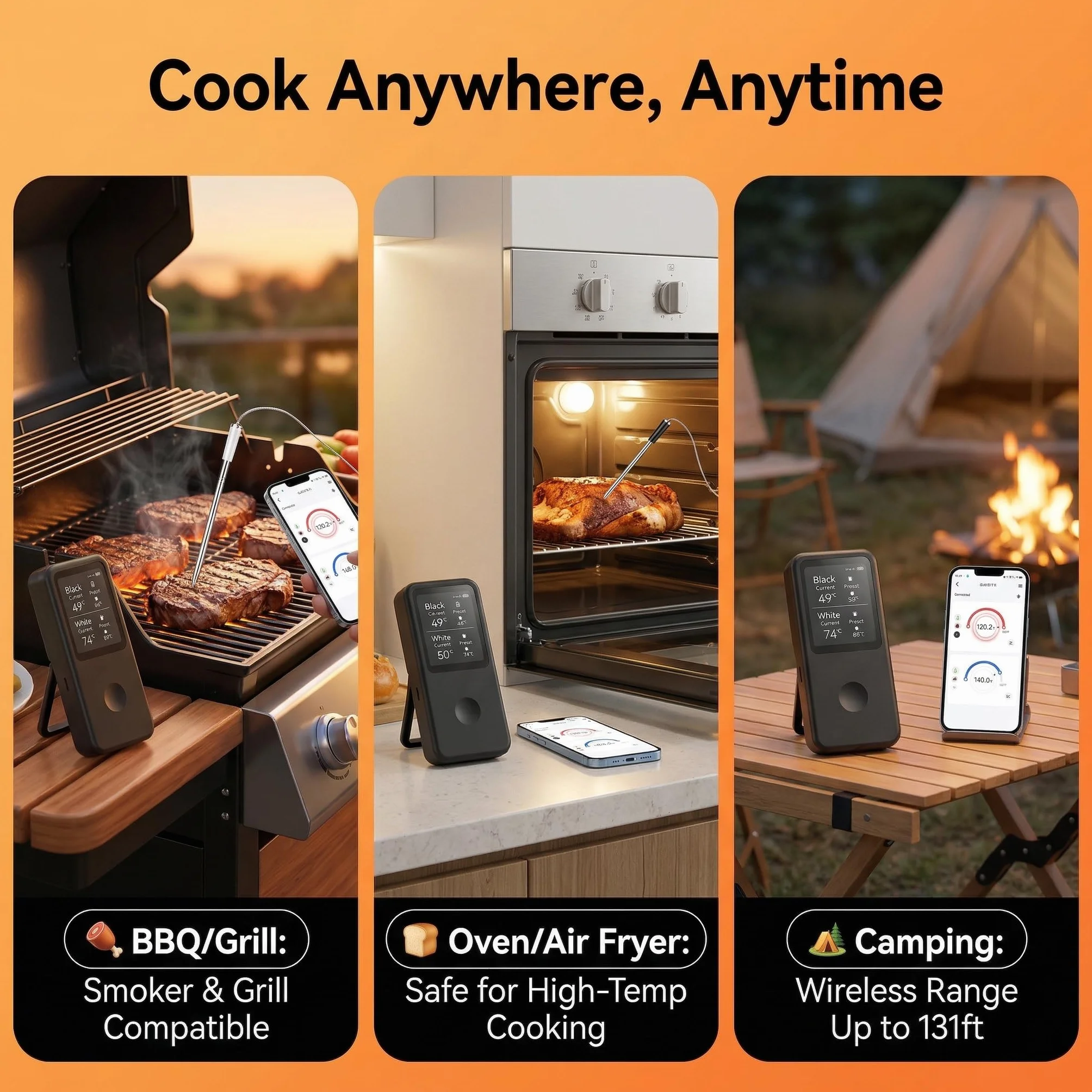 2.4 Inch Wireless Meat Therm游戏副本 with Dual Probes, Bluetooth Meat Thermometer with 500FT Range, 400°C Heat-Resistant Probe, Smart App with 12 Presets for Grilling BBQ Oven Smoker