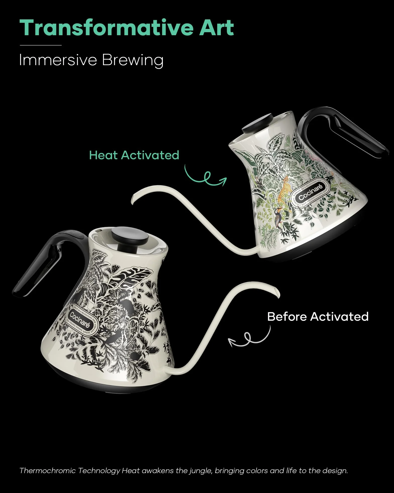 Gooseneck Electric Kettle, ±0.5°F Precise Temperature Control, 1500W Fast Heating, Pour-Over Coffee & Tea, Stainless Steel, 0.6L (Color-changing Jungle Design)