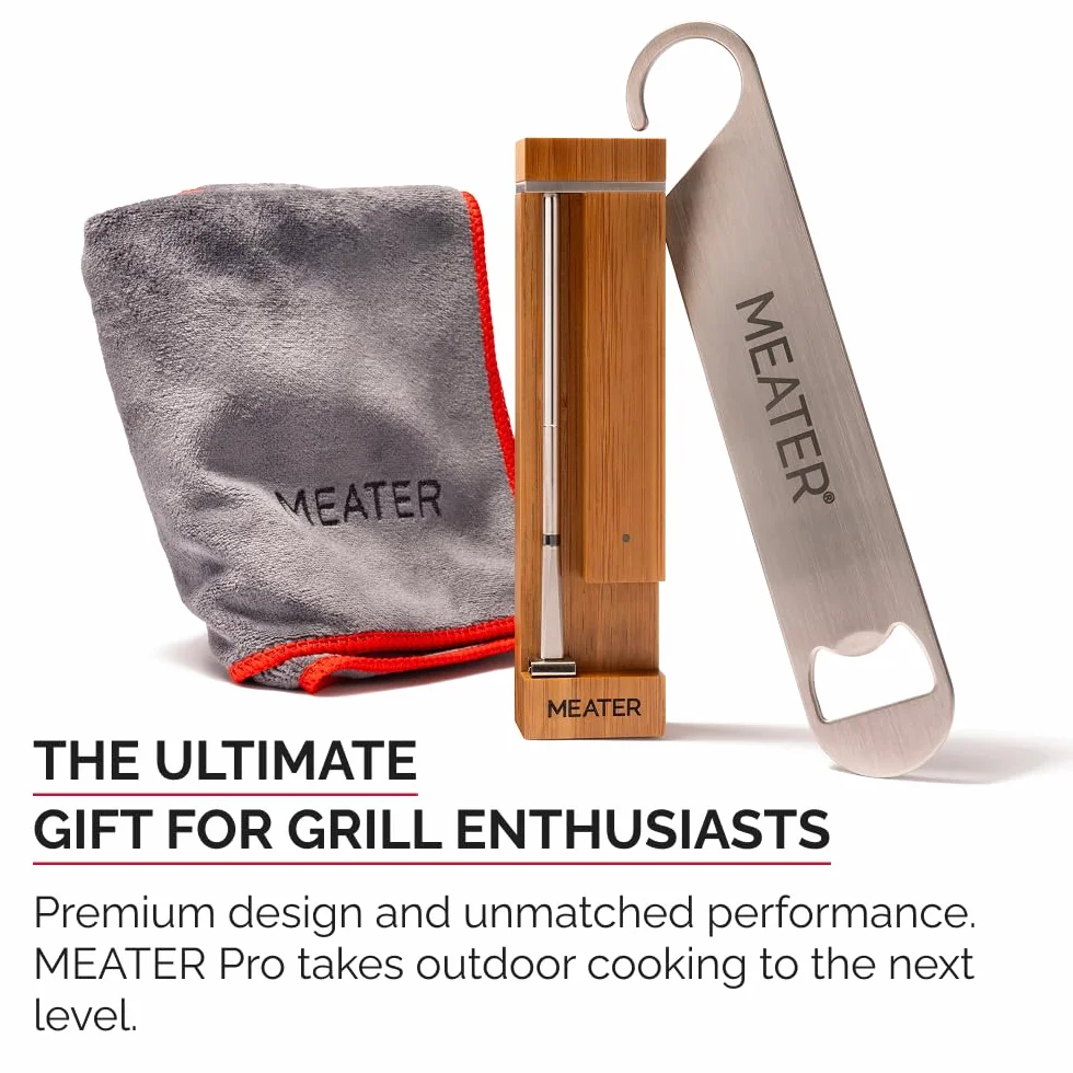 Pro Wireless Thermometer w/Towel & Bar Blade, Brown Sugar, 1000°F | Bluetooth wireless smart thermometer, long range, 1000°F heat resistance. Includes kitchen towel and bar blade bottle opener.