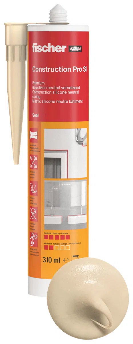 fischer Premium-Bausilikon, geruchsarmes Silikon, wetterfeste Dichtmasse für Innen & Außen, Kartusche für zahlreiche Anwendungen und Baustoffe, Langzeitschutz vor Schimmel, 310 ml, beige