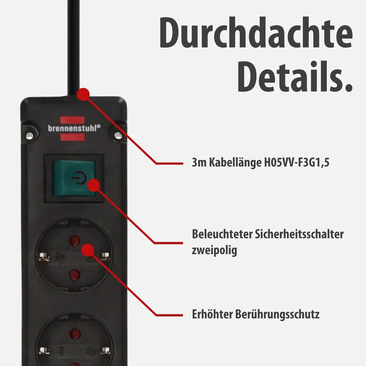 Brennenstuhl Bremounta Steckdosenleiste 6-Fach mit Schalter (Mehrfachsteckdose mit 90 Grad Steckdosen, Steckerleiste mit Befestigungsmöglichkeit und 3m Kabel) schwarz