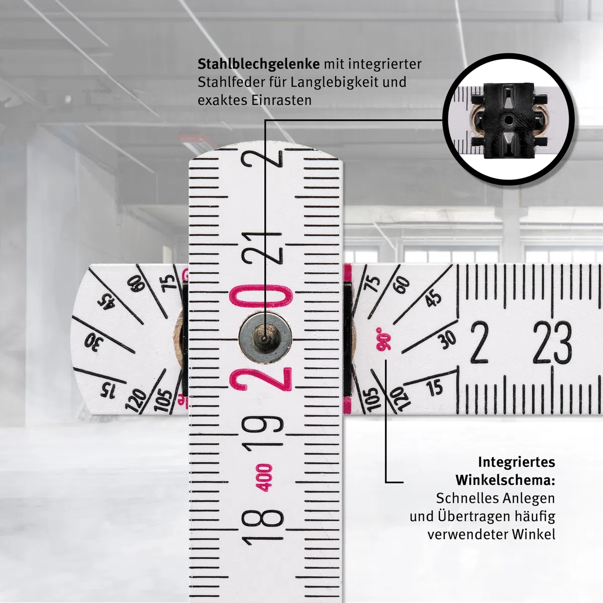 Stabila Zollstock Type 417, 2 m, weiß, weiß/gelbe metrische Schnellablese-Skala, Winkelfunktion, Meterstab aus PEFC-zertifiziertem Holz, Stahlblechgelenke mit integrieter Stahlfeder
