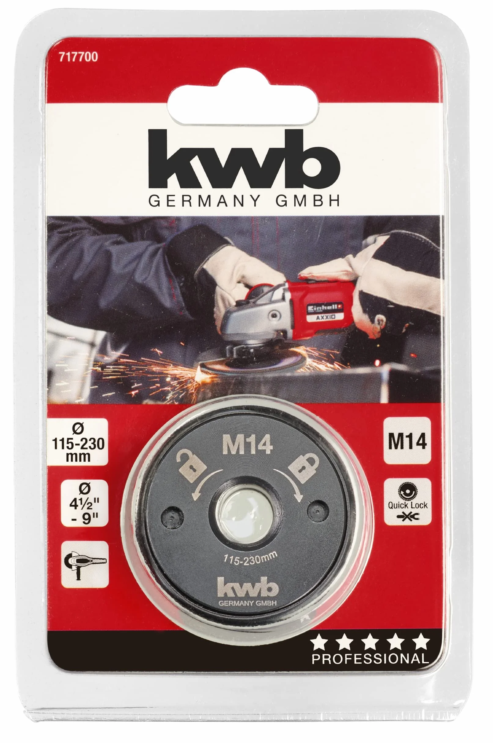 kwb Schnellspannmutter für Winkelschleifer M14, Schnellverschluss für Trennscheiben von 115-230 mm, werkzeugloser Wechsel ohne Schlüssel