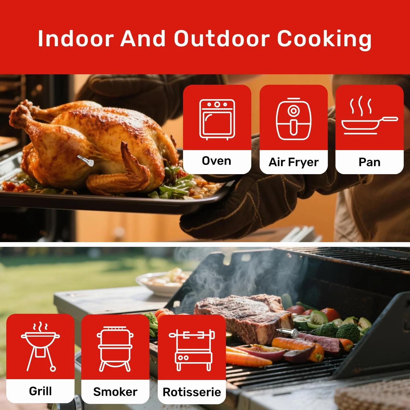 Bluetooth Meat Thermometer Wireless, 4 Probes, Standalone Base | 6 Sensors With ±0.18°F Accuracy, WiFi, IP69 Waterproof, AI-Guided Cooking, for Kitchen, BBQ, Grill, Oven, and Smoker