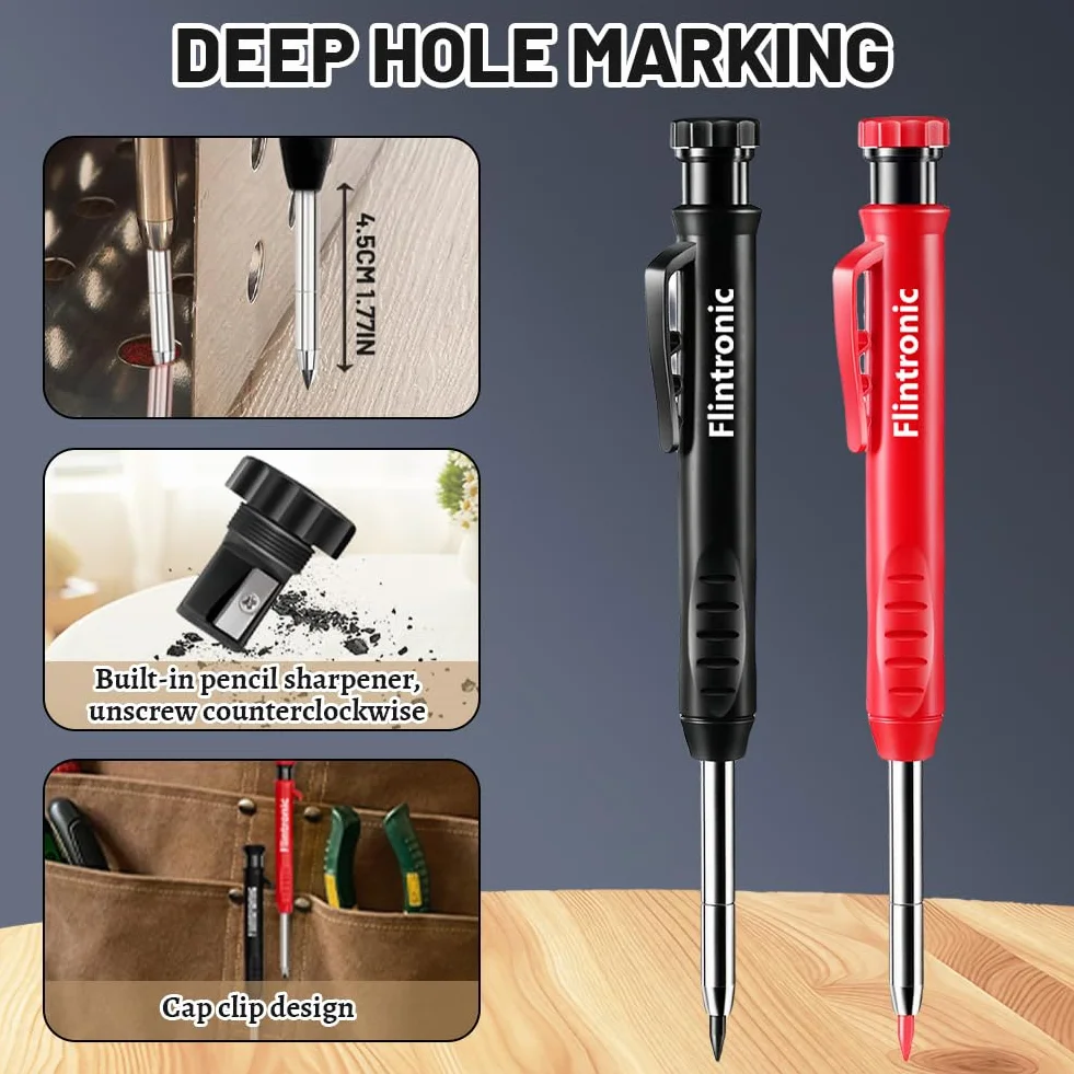 flintronic Tieflochmarker Bleistift Set, 8er-Set Zimmermannsbleistifte mit 26 Minen, Bleistift Baustelle, Zimmermannsbleistift mit Etui, Robuster Konstruktionsbleistift für Architekten