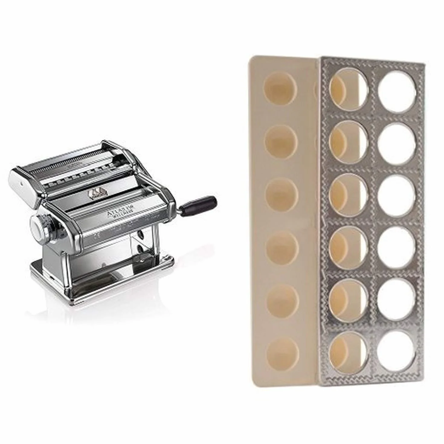 Marcato Atlas Pasta Machine, Stainless Steel, Includes Pasta Cutter, Hand Crank, and Instructions & Norpro Ravioli Maker With Press