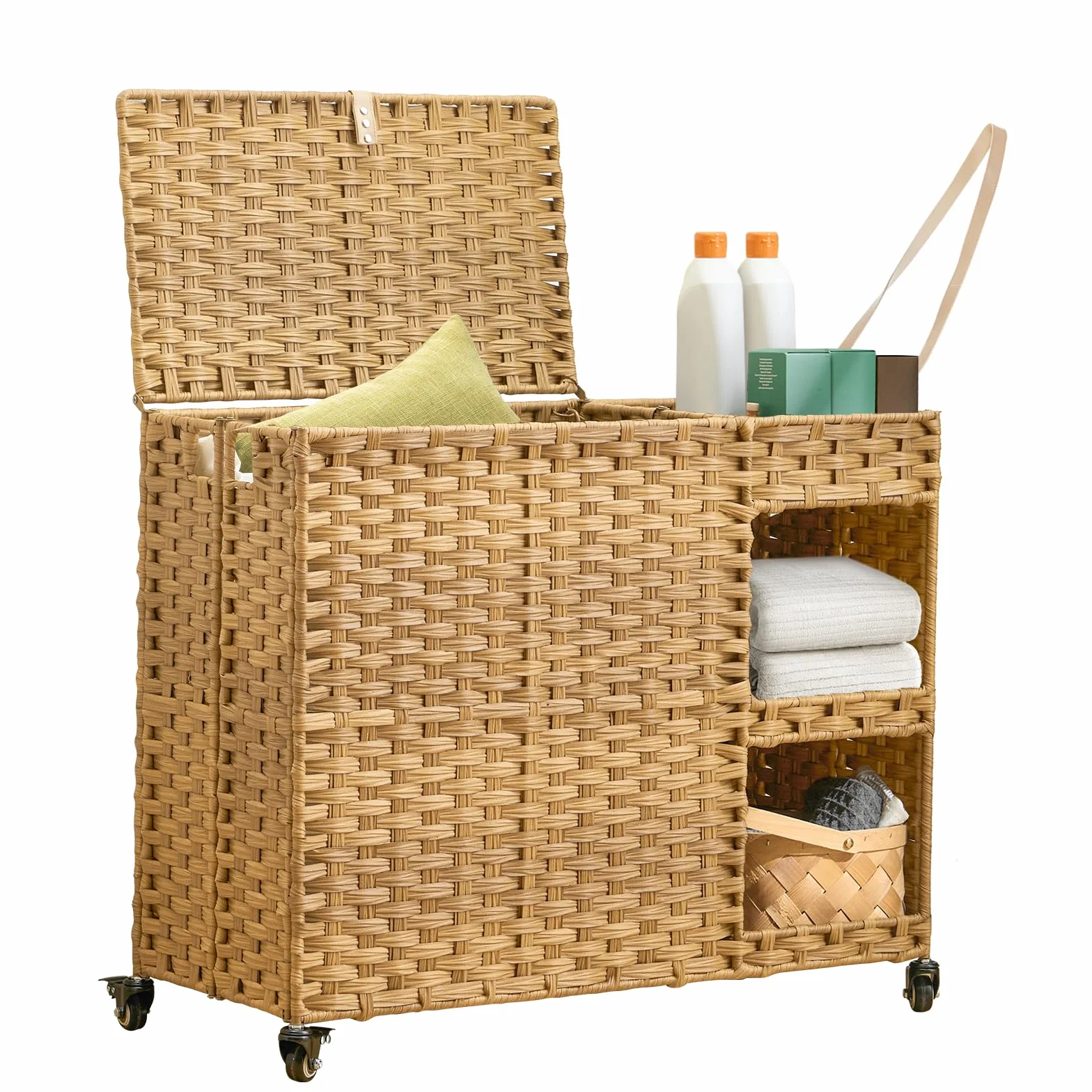 Laundry Hamper with Wheels, 42.3 Gal.(160 L) Laundry Sorter with Shelves, Rattan Clothes Hamper with 4 Removable Liners & 3 Mesh Bags, Handwoven Organizer for bedroom, bathroom, laundry room, Natural