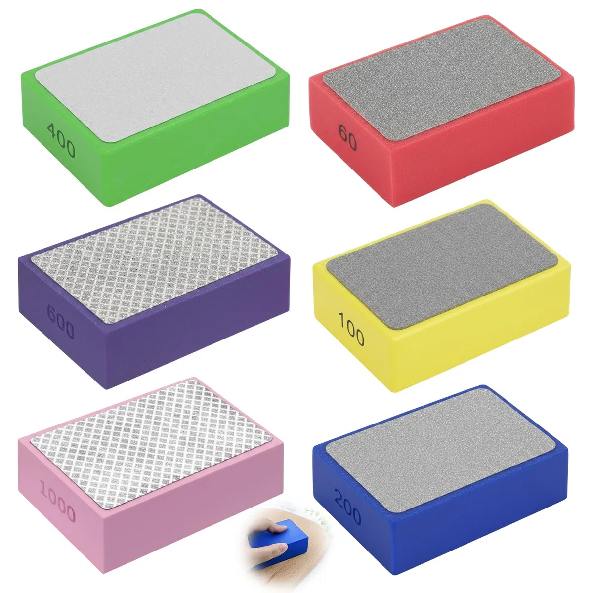 6 Stück Diamant Handschleifpad Set, Glas Schleifen Fliesen Schleifen, Diamant Schleifpad Diamantschleifblock, Polierpads für Stein keramik fliesen Glas, 60#, 100#, 200#, 400#, 600#, 1000#