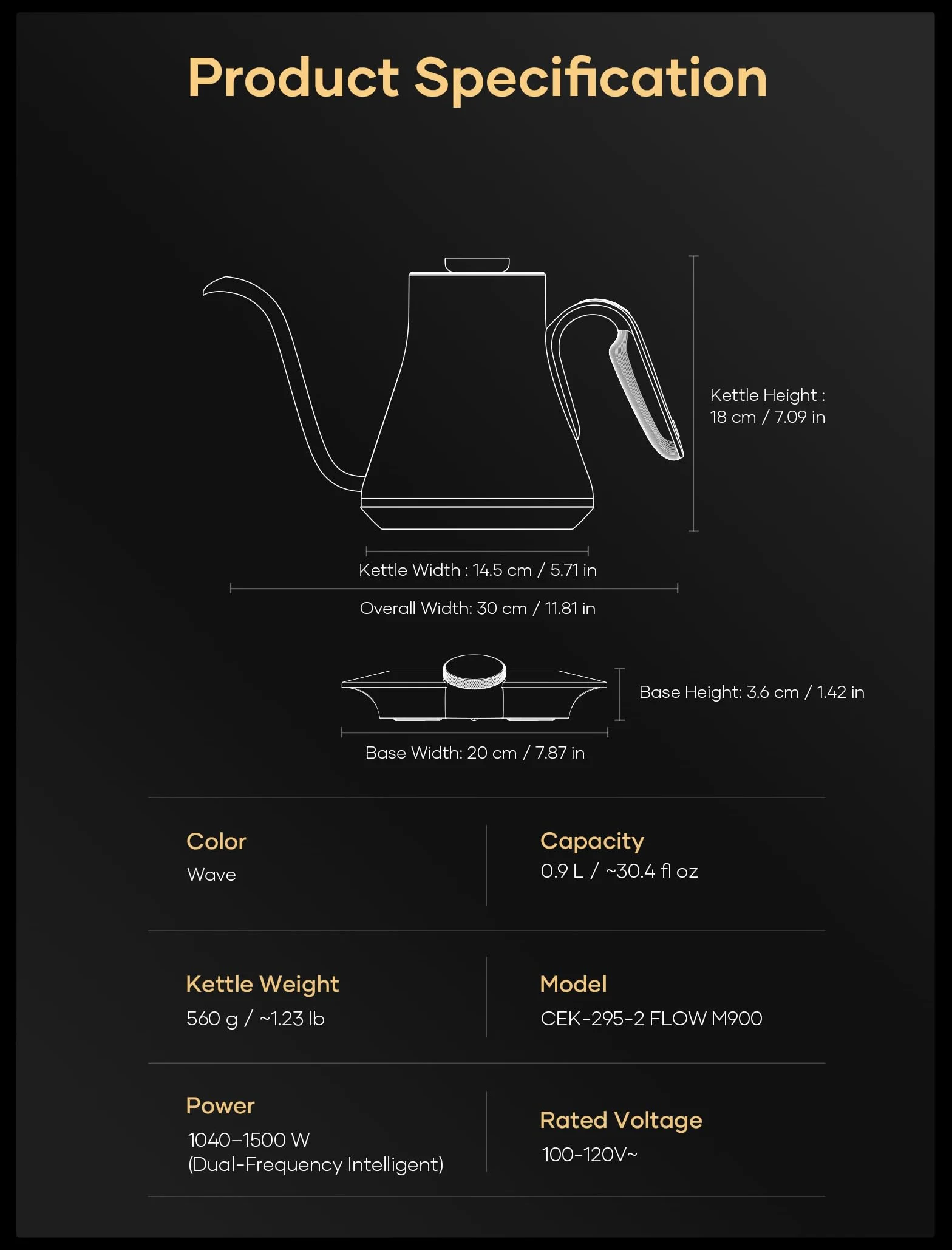 Artisan Collection Gooseneck Electric Kettle, ±0.5°F Temperature Control for Pour Over Coffee & Tea, 1500W Quick Heating, Stainless Steel Interior, 0.9L, Wave Design