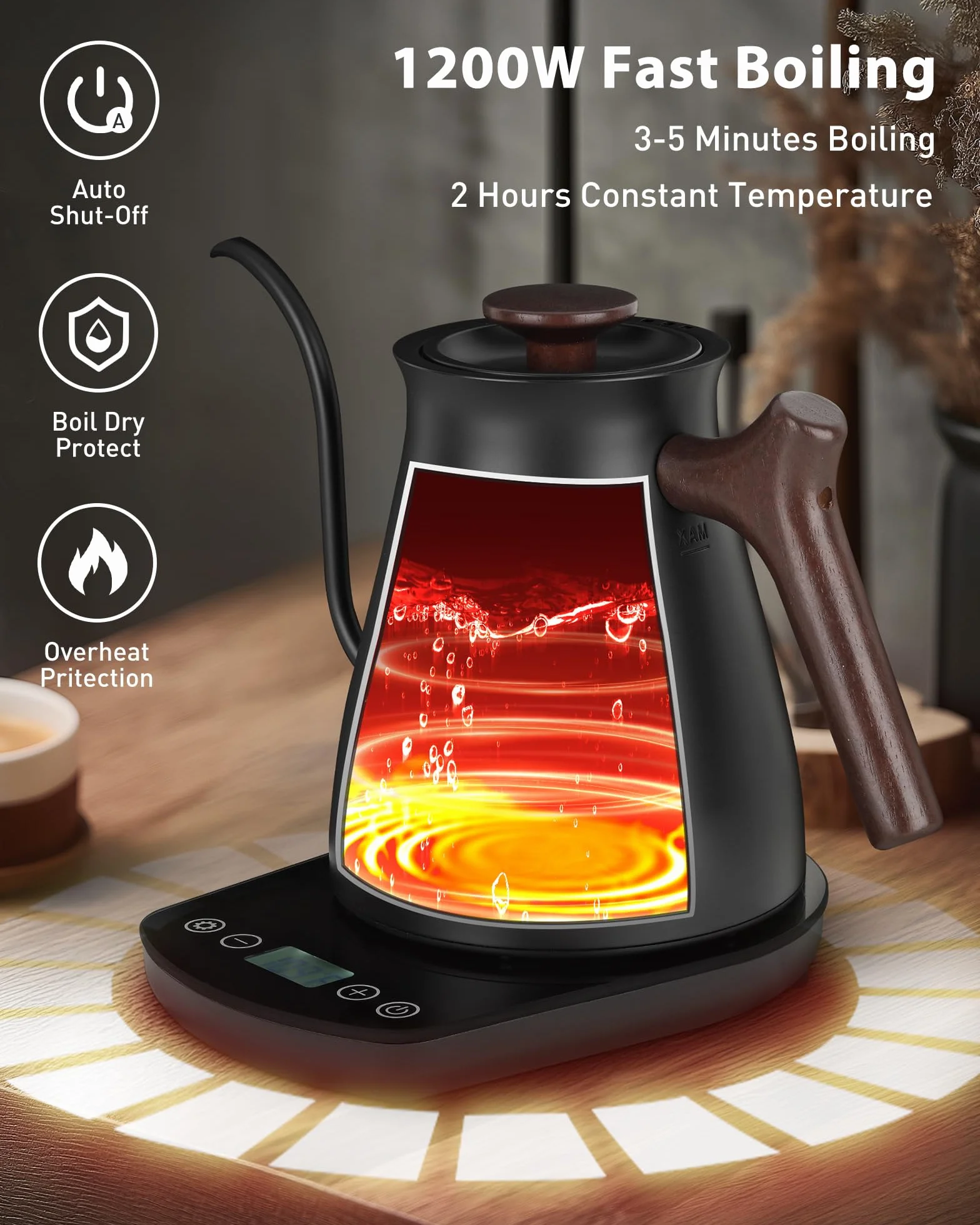 Gooseneck Electric Kettle, 0.8L, 1°F Control, Brew Timer | 120-Min Keep Warm, 104–203°F Control, Built-In Brew Timer, SUS304 Stainless Steel, Wood-Accent Handle for Pour-Over Coffee