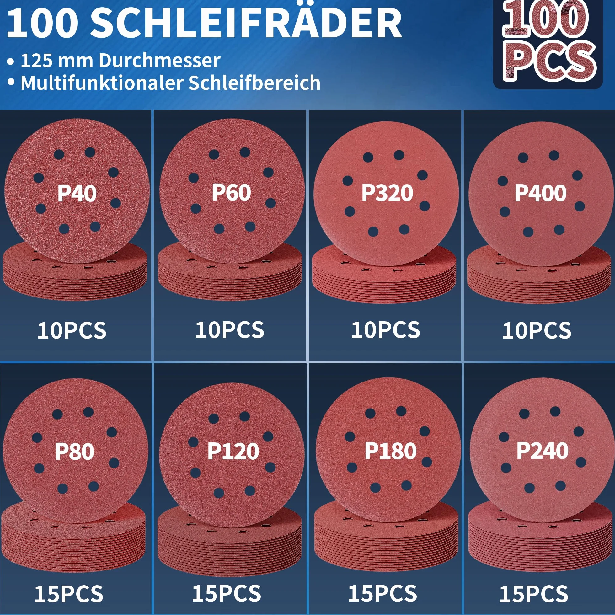 100 Stück Schleifpapier 125mm Klett, 5 in 8 Loch, Wandschleifer für Holz, Metall, Kunststoff, P40/60/320/400 x10, P80/120/180/240x15, Zubehör für Elektrowerkzeuge