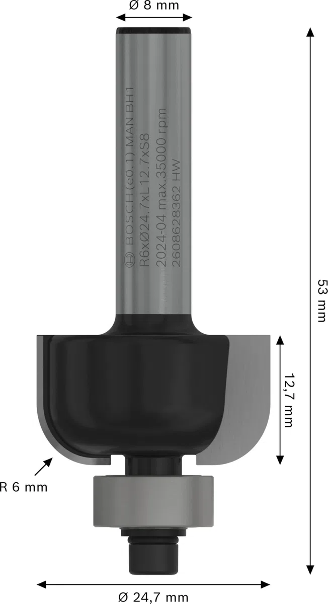 Bosch Professional Zubehör 2 608 628 362 Hohlkehlfräser 8 mm, R1 6 mm, D 24,7 mm, L13 mm, G 53 mm