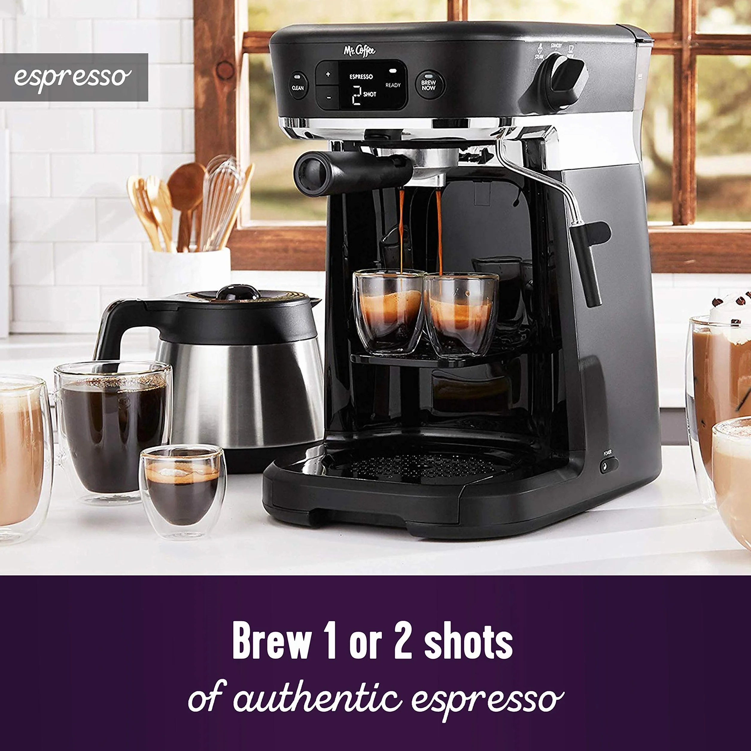 Mr. Coffee All-in-One Occasions Specialty Pods Coffee Maker, 10-Cup Thermal Carafe, and Espresso with Milk Frother and Storage Tray, Black