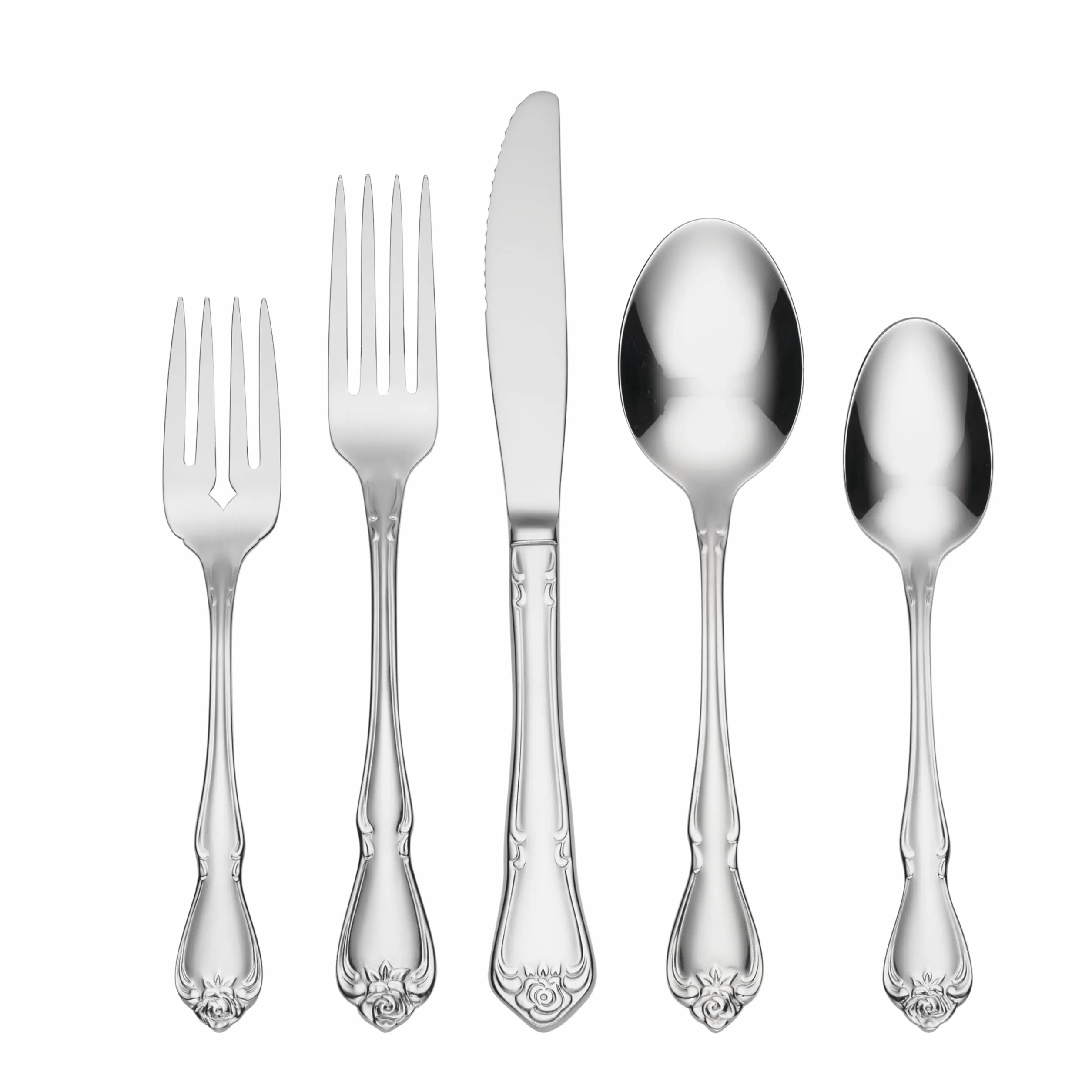 Oneida True Rose 45 Piece Everyday Flatware, Service for 8, 18/0 Stainless Steel, Silverware Set, Silver | mirror finish, dishwasher safe | includes serving spoons and utensil set | cutlery set, wedding silverware