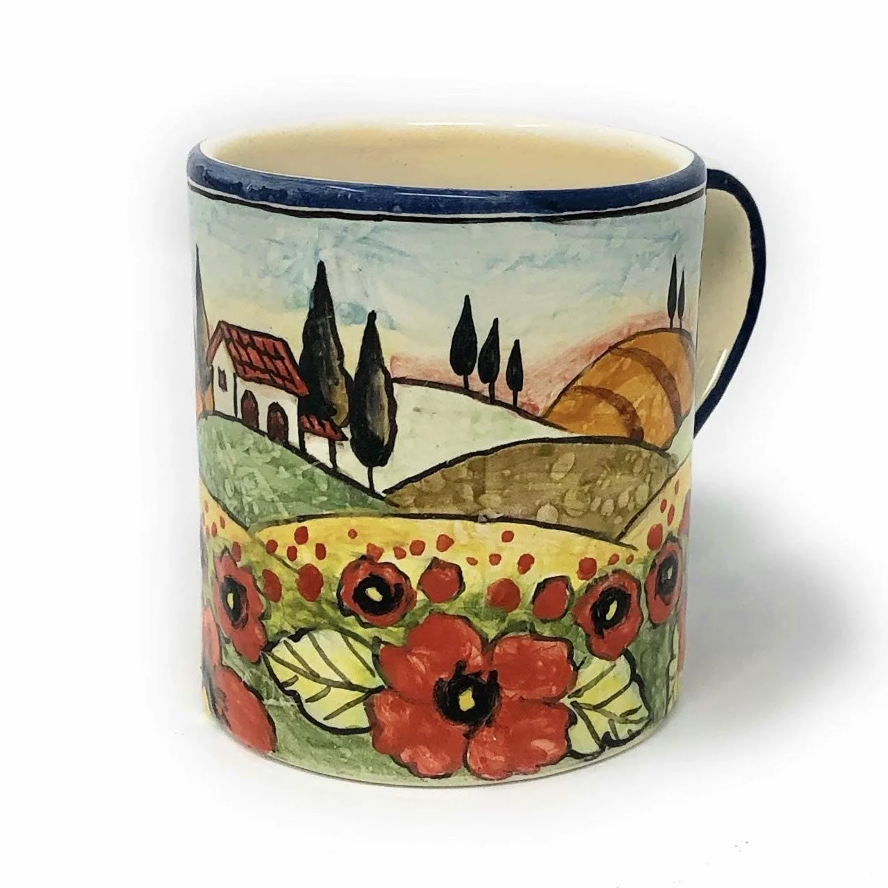 CERAMICHE D'ARTE PARRINI - Italian Ceramic Art Pottery Mug Cup Decorated Poppies Landscape Hand Painted Made in ITALY Tuscan