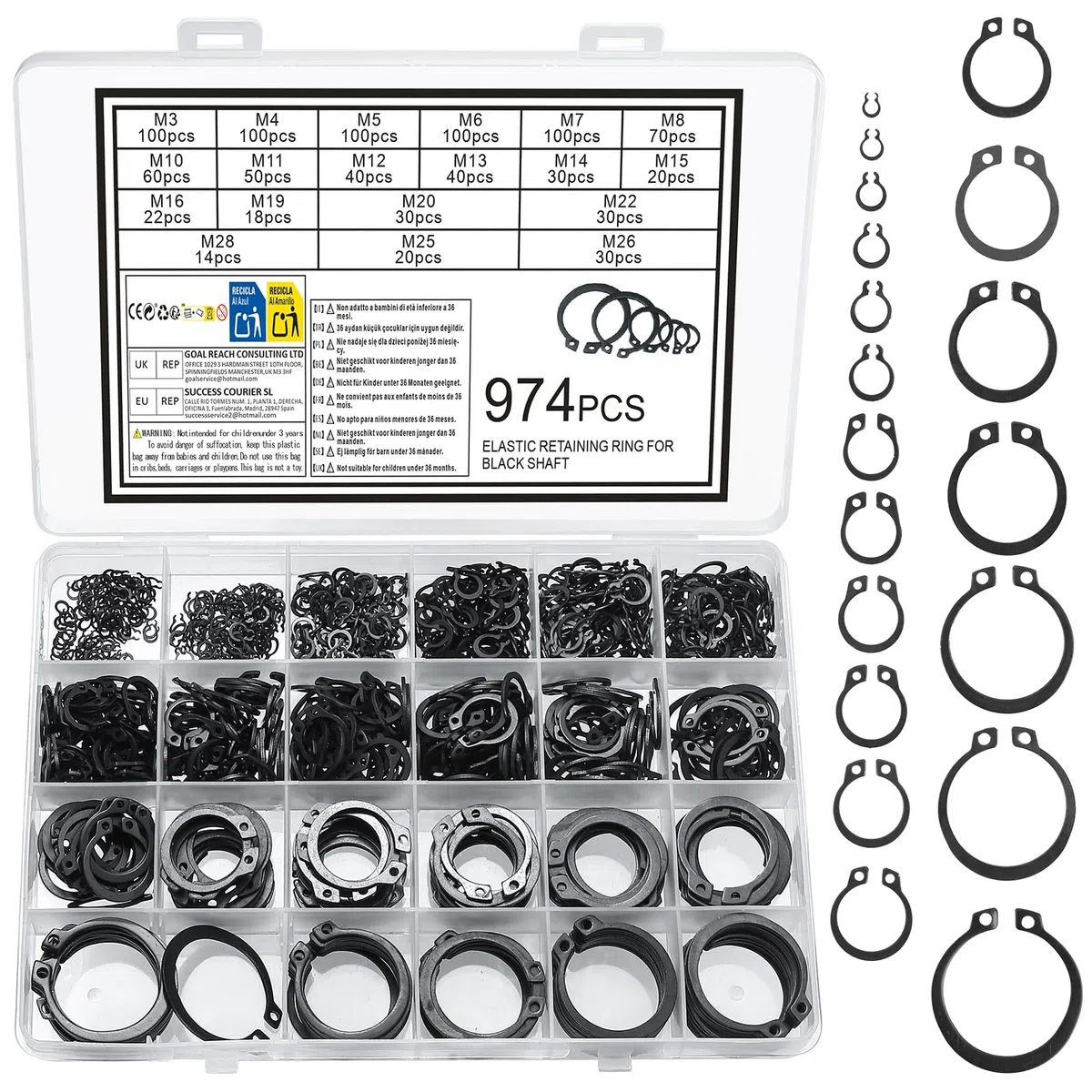 974 Stück Sprengring Set, Sicherungsringe Set, Sprengring Metall C-Clips, Federscheiben Sprengringe Sets, Sicherungsscheiben, Springring, E-clips Sicherungsringe Sortiment für Seegering Wellen