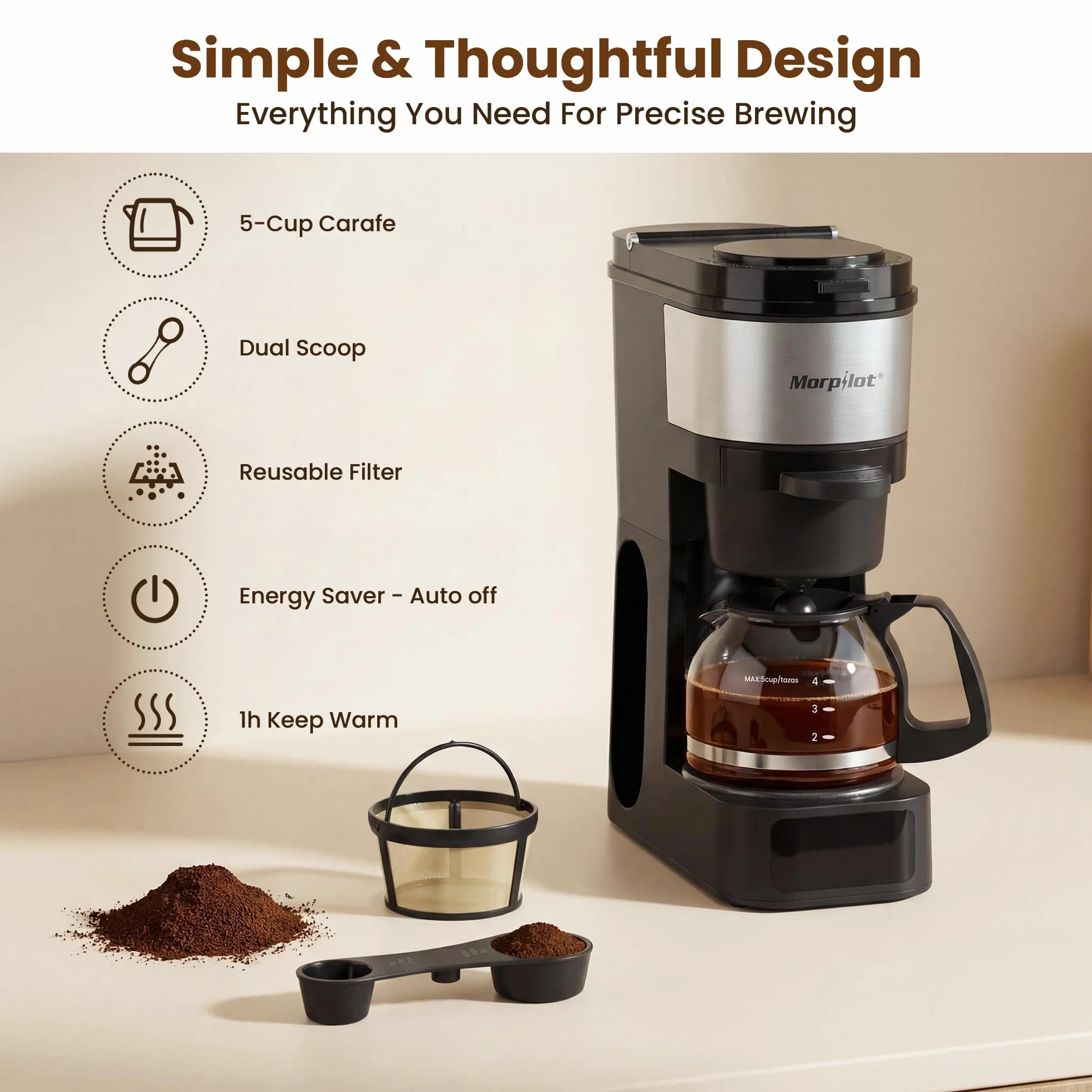 Morpilot 2-Way Coffee Maker, Compatible with K-Cup Pods or Grounds, Compact Drip Coffee Machine with 20oz/600ml Carafe Sizes, 4 Temperature Settings, 60 Min Keep Warm