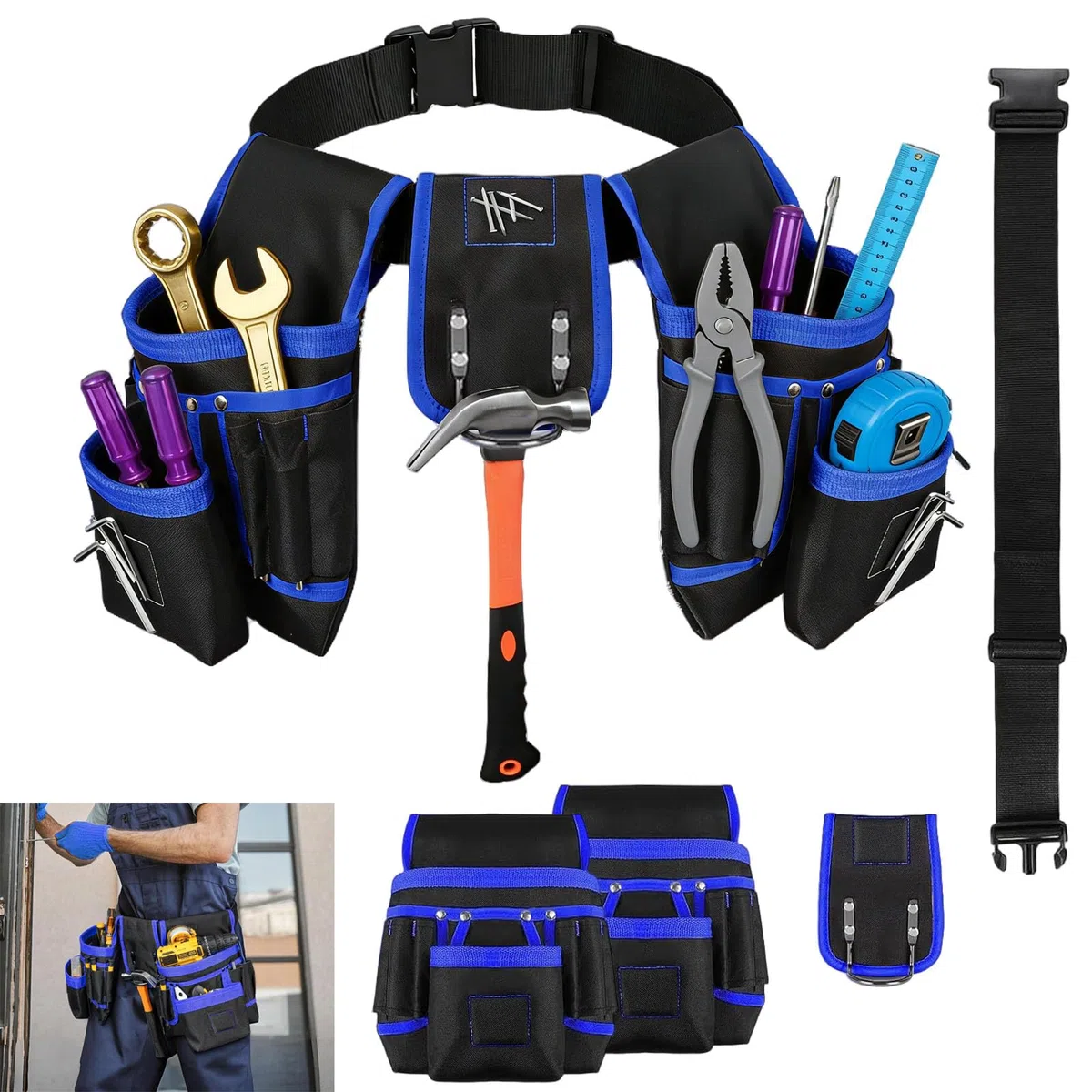 Werkzeuggürtel Herren, Blau Werkzeugtasche Gürtel, Handwerker Gürtel mit 26 Taschen, Werkzeug Gürteltasche, ArbeitsgüRtel, Tool Belt, Verstellbar und Abnehmbar Werkzeug Gürtel, für Tischler, Klempner
