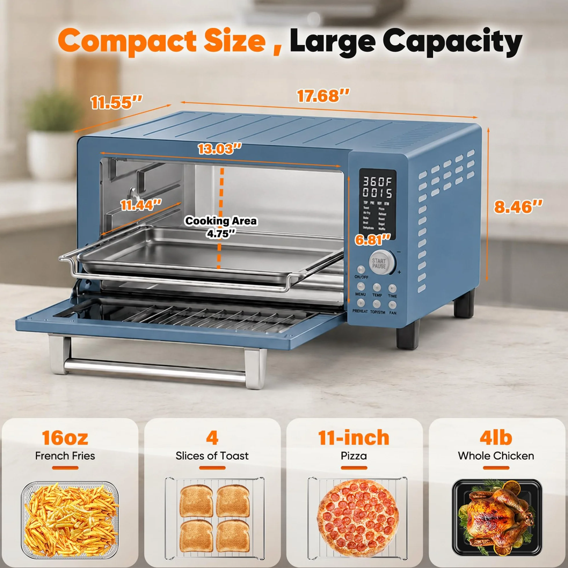 Bravo Pro Convection Air Fryer Toaster Oven Combo | 2026 New Improved,10-in-1, 50°-450°F Control, Quick Even Crisp Tech, 21Qt, PFAS Free, Cozy Blue
