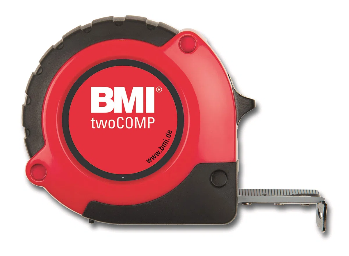 BMI twoCOMP 472 Taschenbandmaß (5 m, Breite 19 mm, Maßband mit Bandrücklauf + Stopper, mit Gürtelclip, Gehäuse aus ABS Kunststoff) 472541021M
