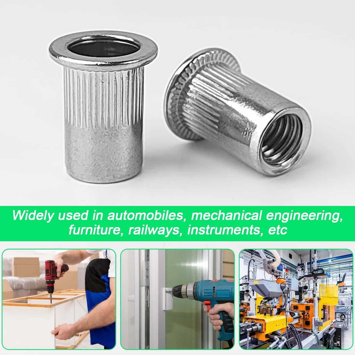 100 Stück Nietmuttern M8, Edelstahl, mit Gerilltem Körper Nietmuttern, Gewindenieten, 10 mm Einpressmuttern, Geeignet für Metall- und Kunststoffplatten (Silber)