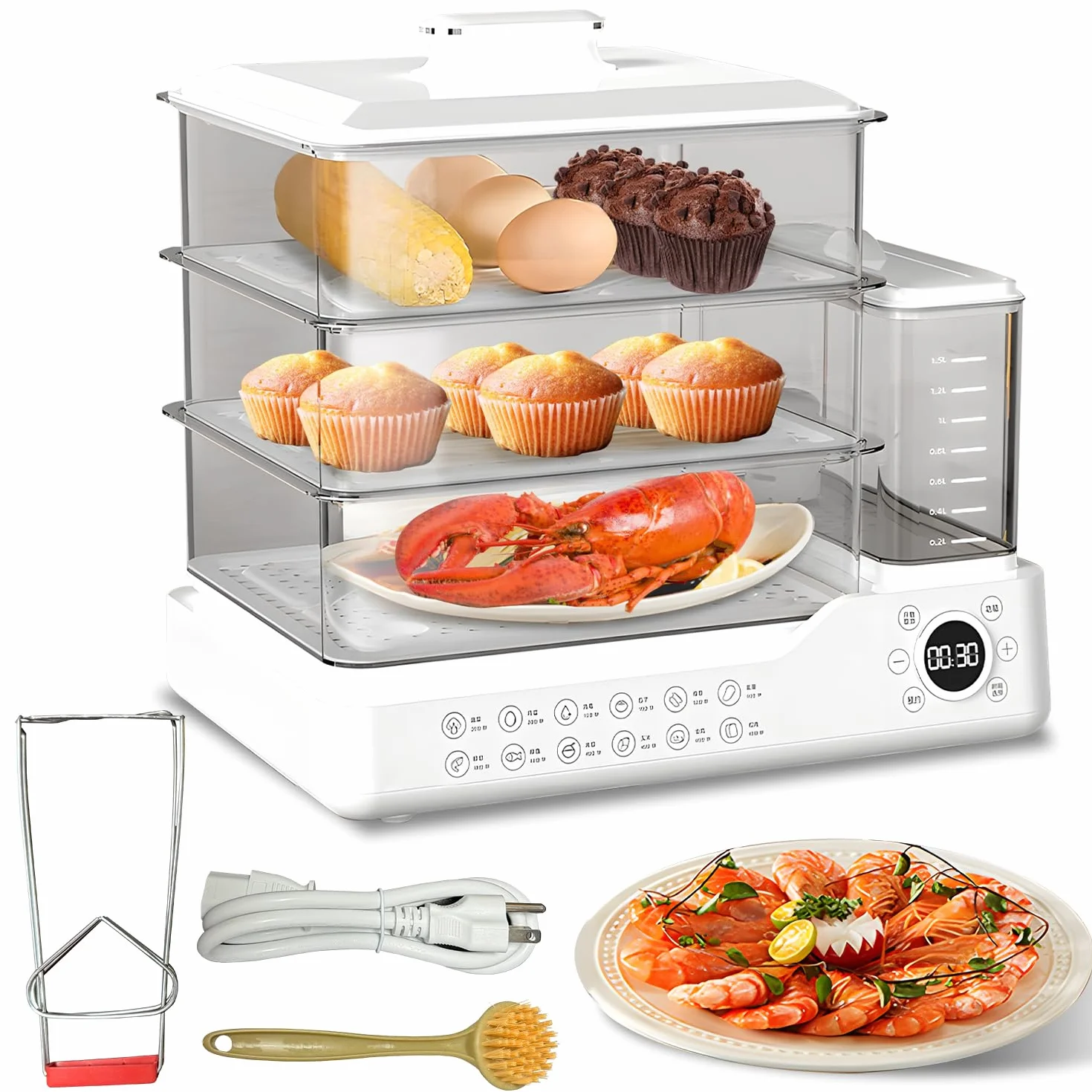 25QT Electric Food Steamer, 3-Tier Vegetable & Seafood Steamer | 800W Fast Heating, 24H Delay Start, Auto Keep Warm, Stainless Steel Trays & Detachable Water Tank