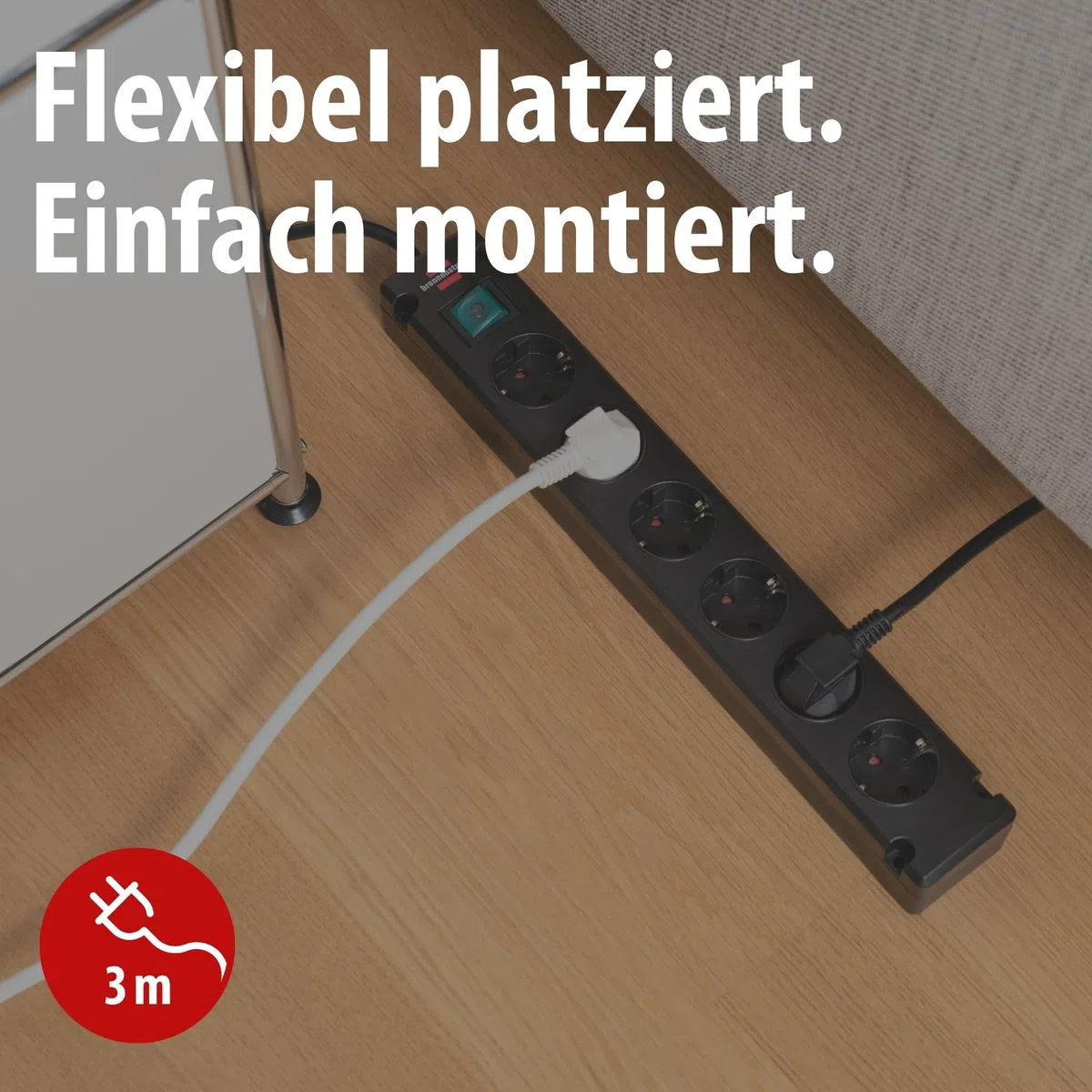 Brennenstuhl Bremounta Steckdosenleiste 6-Fach mit Schalter (Mehrfachsteckdose mit 90 Grad Steckdosen, Steckerleiste mit Befestigungsmöglichkeit und 3m Kabel) schwarz