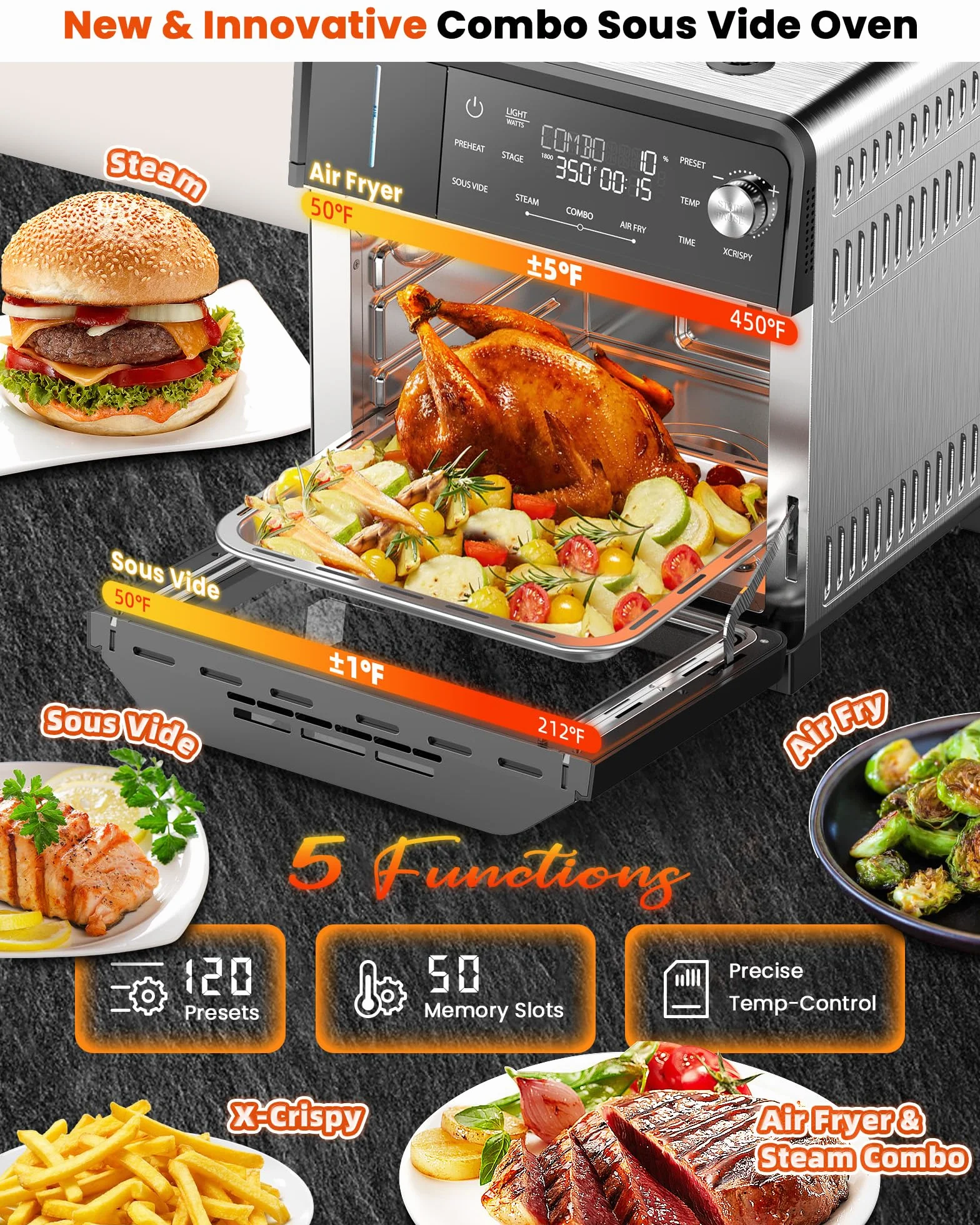 Combi Steam Oven, Non-Toxic Stainless Steel Multi-Cooker, 16 quarts | Air Fry, Sous Vide, Toast & More, 50-450°F Precision, 120 Presets, Moisture Control, Programmable, Easy to Clean