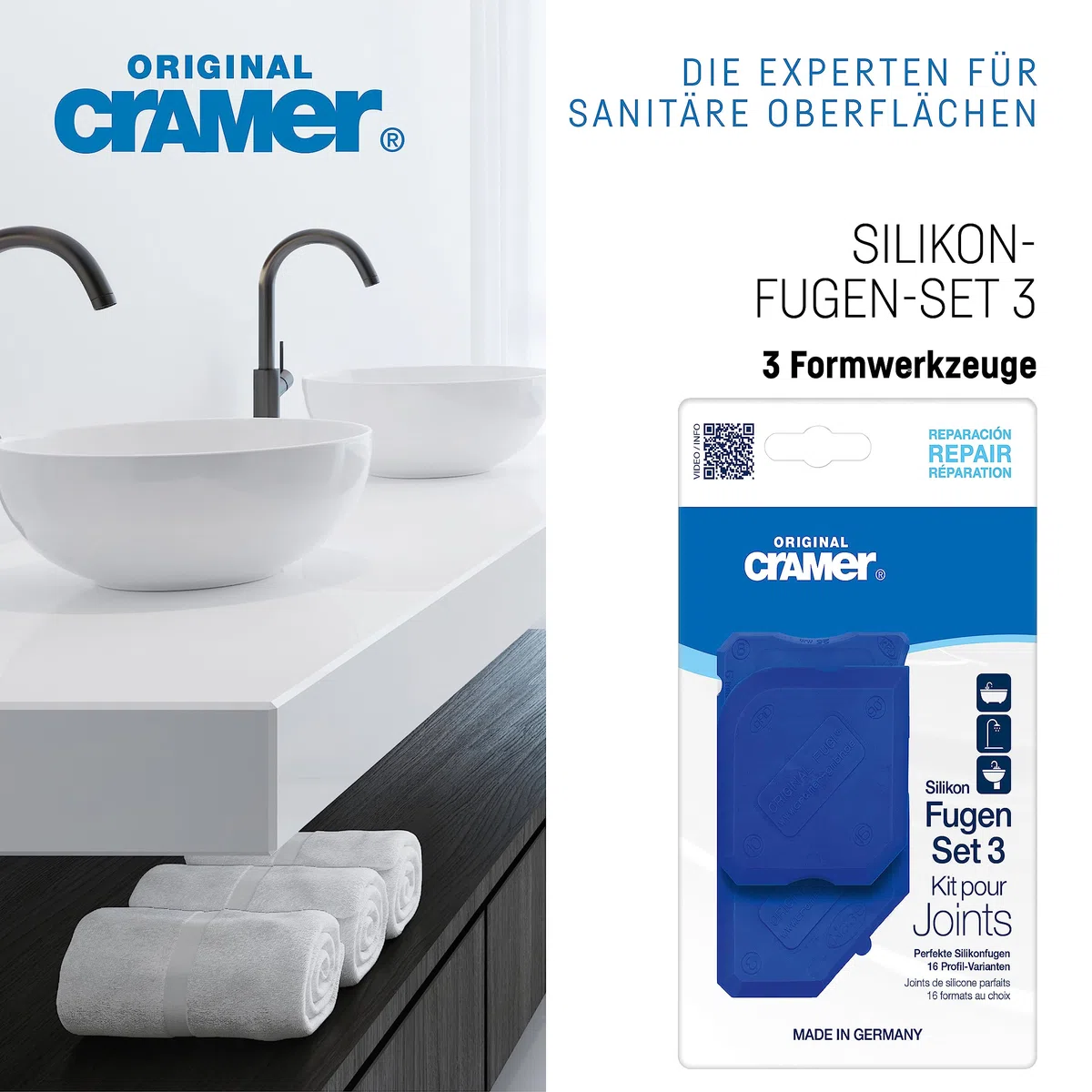 Cramer® Silikon Fugen-Set 3 I Fugenglätter für Neuverfugung in Küche & Bad I Silikon Abzieher mit 16 Profilvarianten I Für alle Dichtungsmassen
