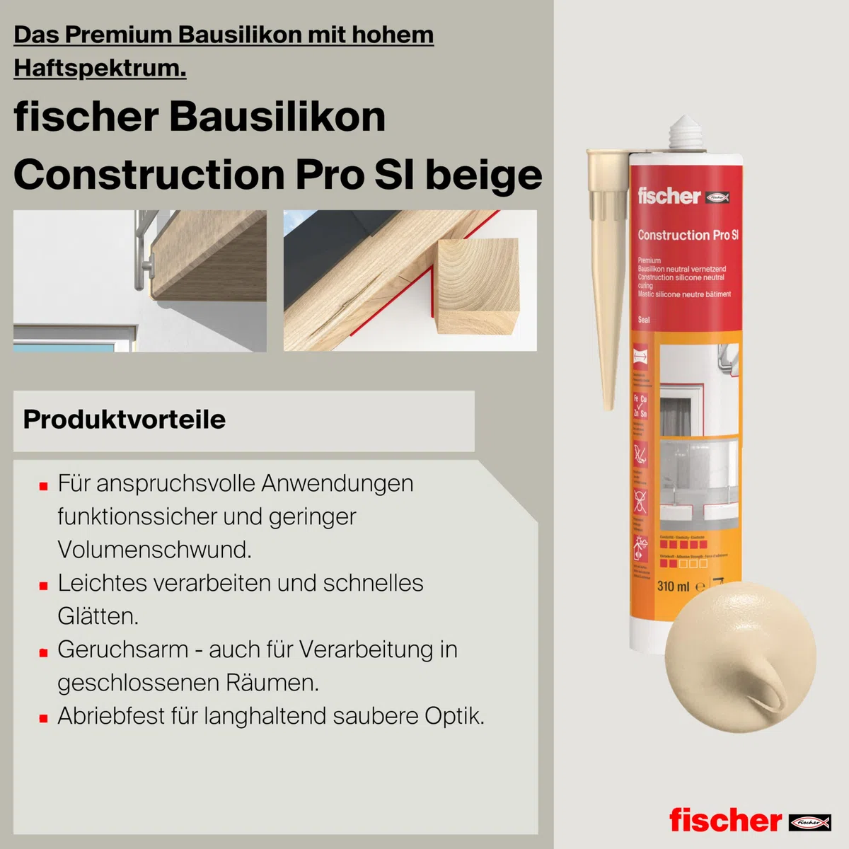 fischer Premium-Bausilikon, geruchsarmes Silikon, wetterfeste Dichtmasse für Innen & Außen, Kartusche für zahlreiche Anwendungen und Baustoffe, Langzeitschutz vor Schimmel, 310 ml, beige
