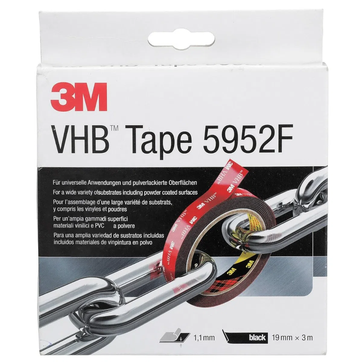 3M VHB 5952F Montage Klebeband doppelseitig - starke und dauerhafte Verbindung von Metallen, pulverbeschichteten Lacken, Glas, versiegeltem Holz, ABS - 19mm x 3m, Schwarz, Dicke: 1.1mm (1-er Pack)