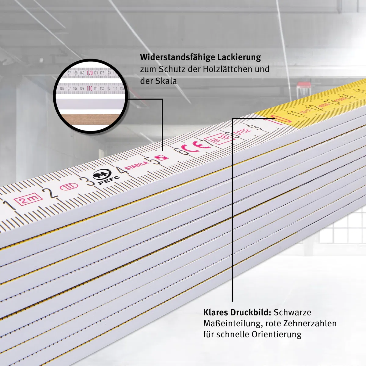 Stabila Zollstock Type 417, 2 m, weiß, weiß/gelbe metrische Schnellablese-Skala, Winkelfunktion, Meterstab aus PEFC-zertifiziertem Holz, Stahlblechgelenke mit integrieter Stahlfeder